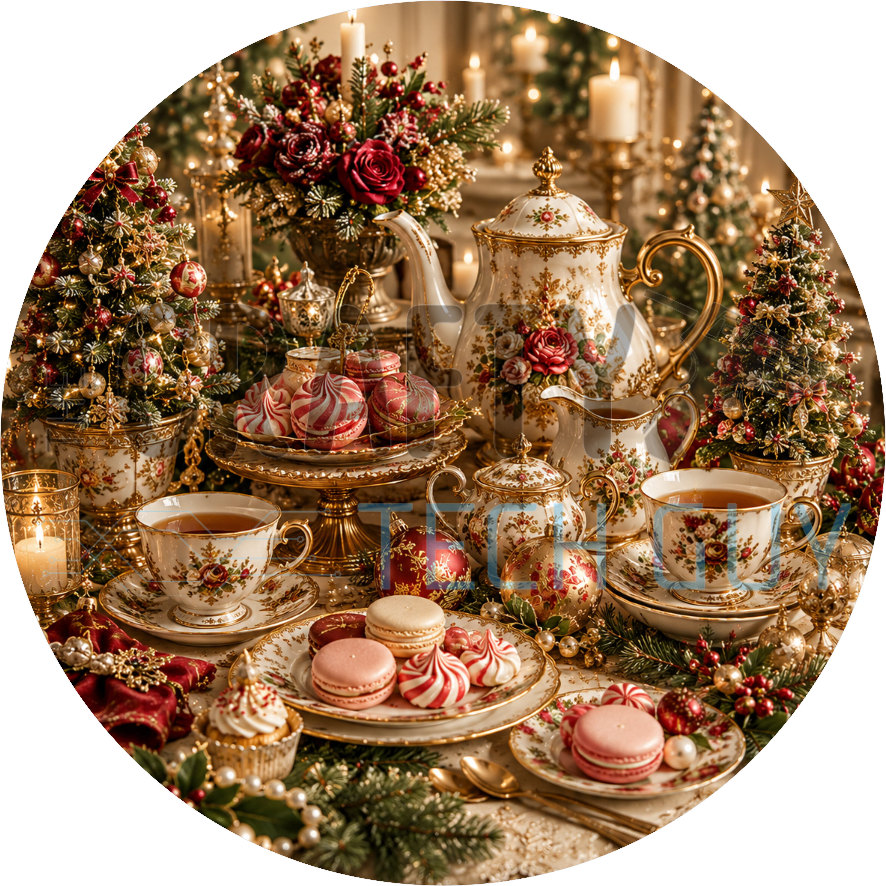 Victorian Christmas round wreath sign in coated aluminum, showing a floral teapot and teacup with red roses and holly
