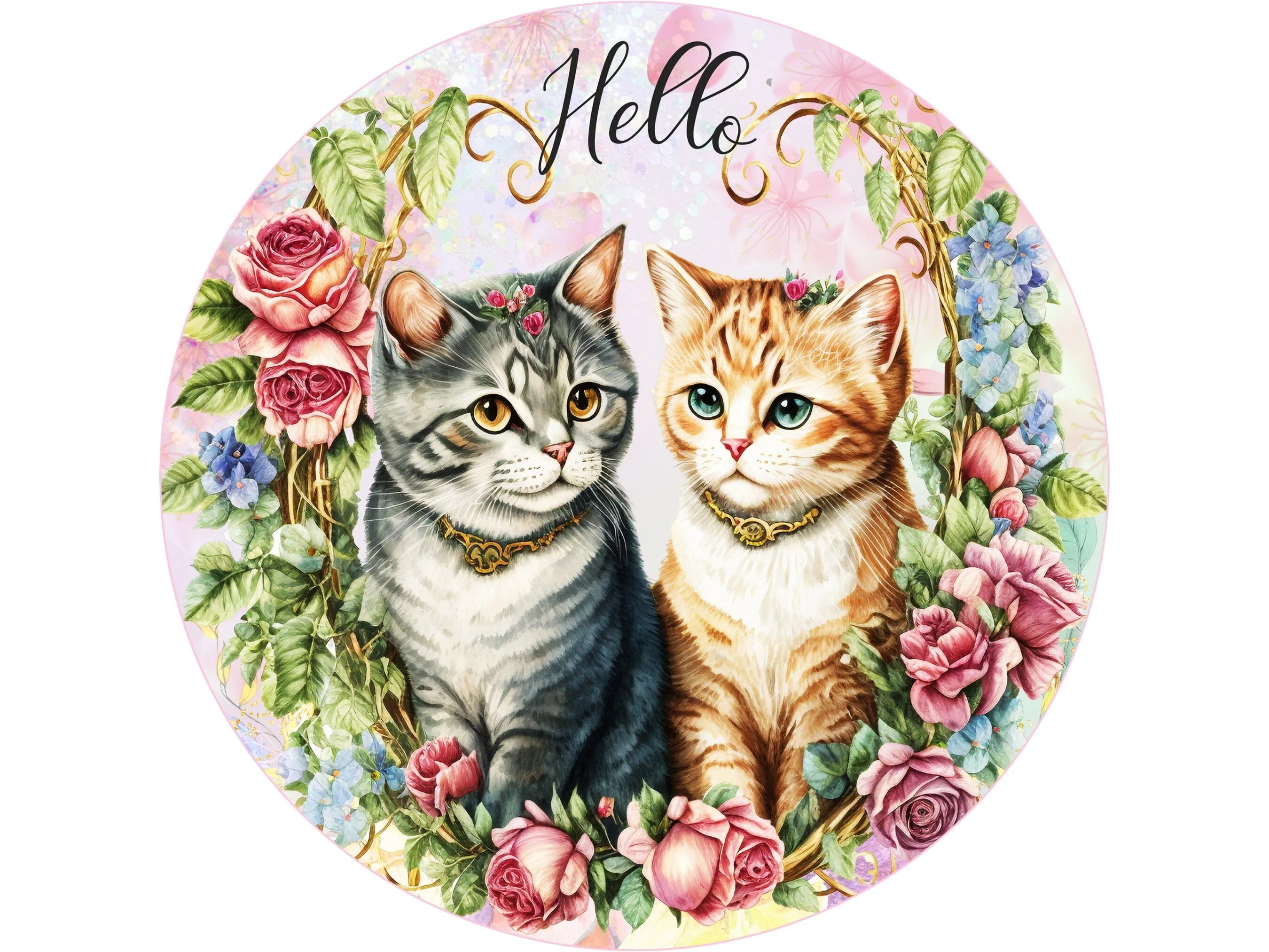 victorian kittens pink roses hello welcome wreath sign, vintage cats with flowers wall art, sign for cat lover, sign for cat collector