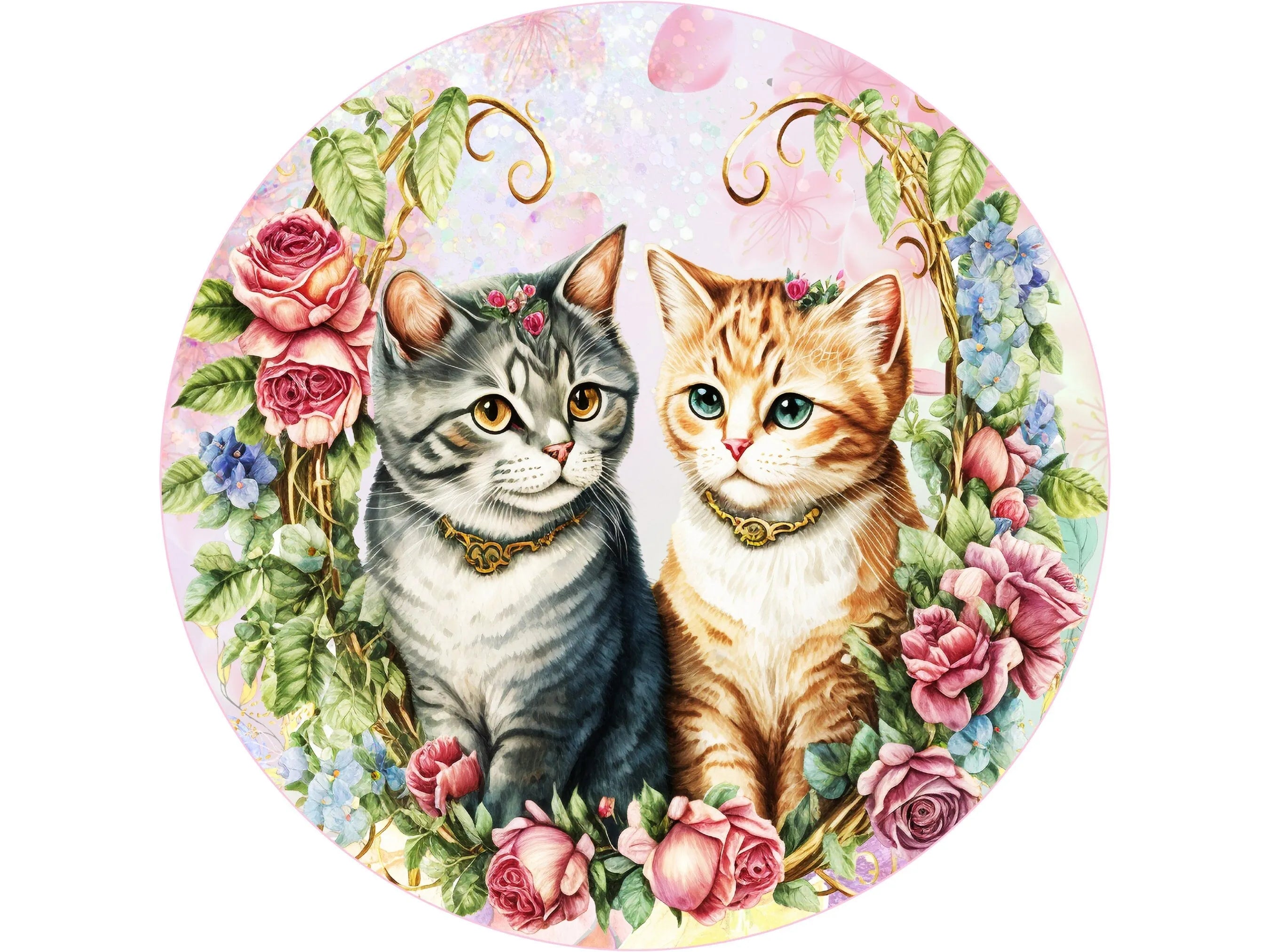 Victorian kittens pink roses wreath sign, vintage cats with flowers wall art, sign for cat lover, sign for cat collector