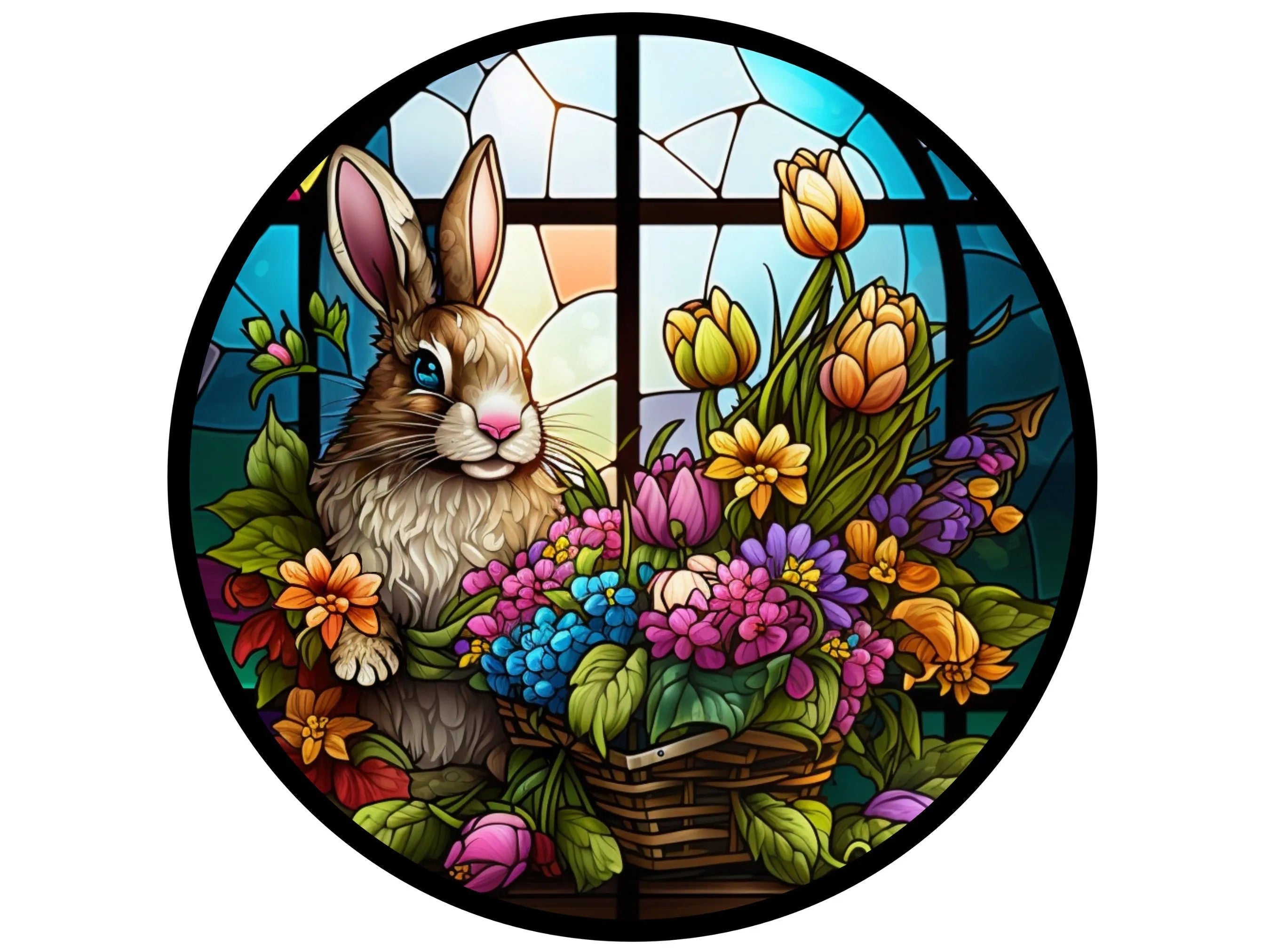 Victorian stained glass bunny floral basket wreath sign, Victorian floral sign, vintage stained glass wall art, stained glass lover