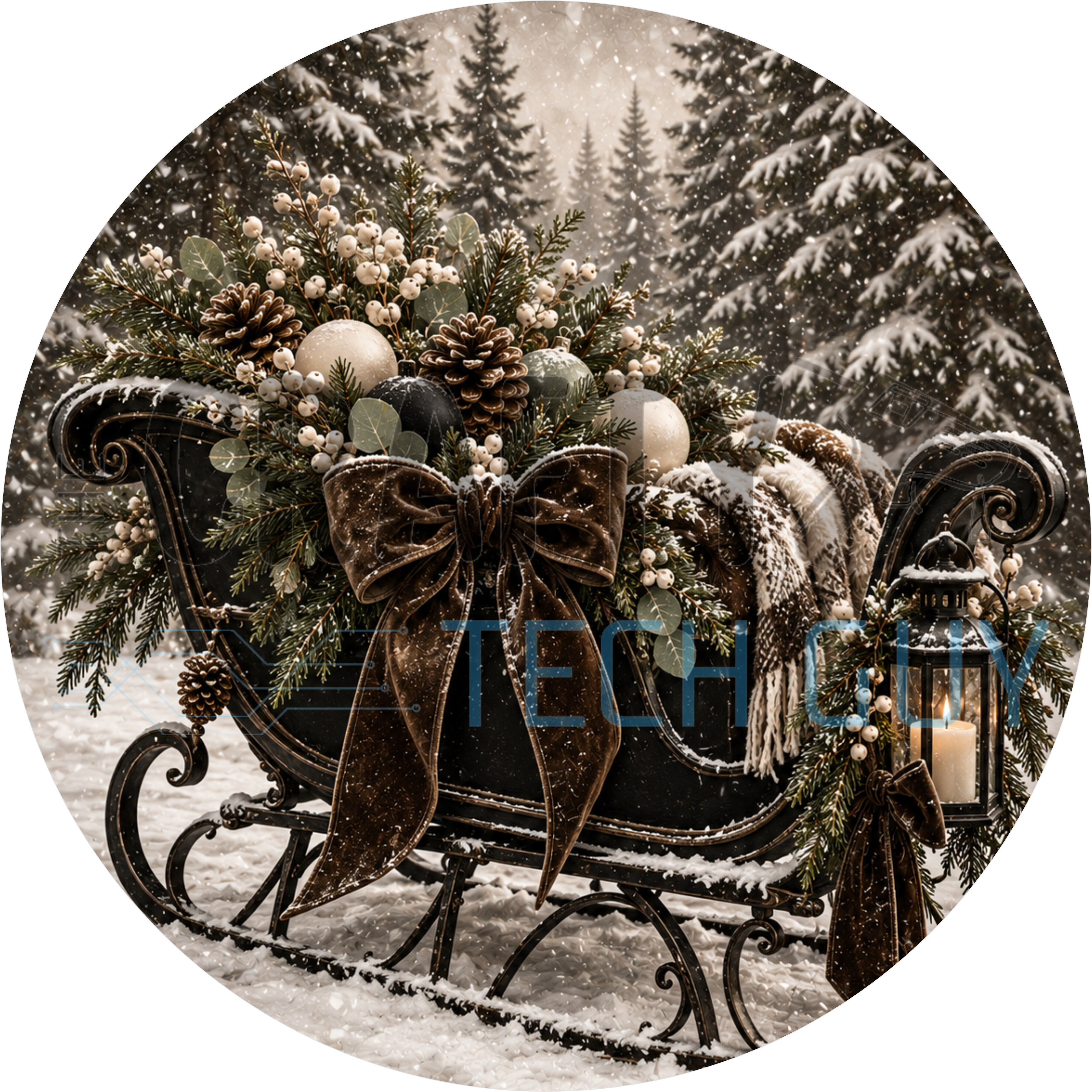 Vintage Christmas round sign with antique black sleigh filled with pine, pinecones, cream ornaments and a chocolate velvet bow in snow