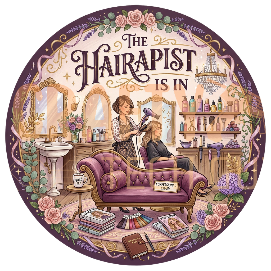Vintage purple lavender salon illustration with The Hairapist Is In stylist quote sign