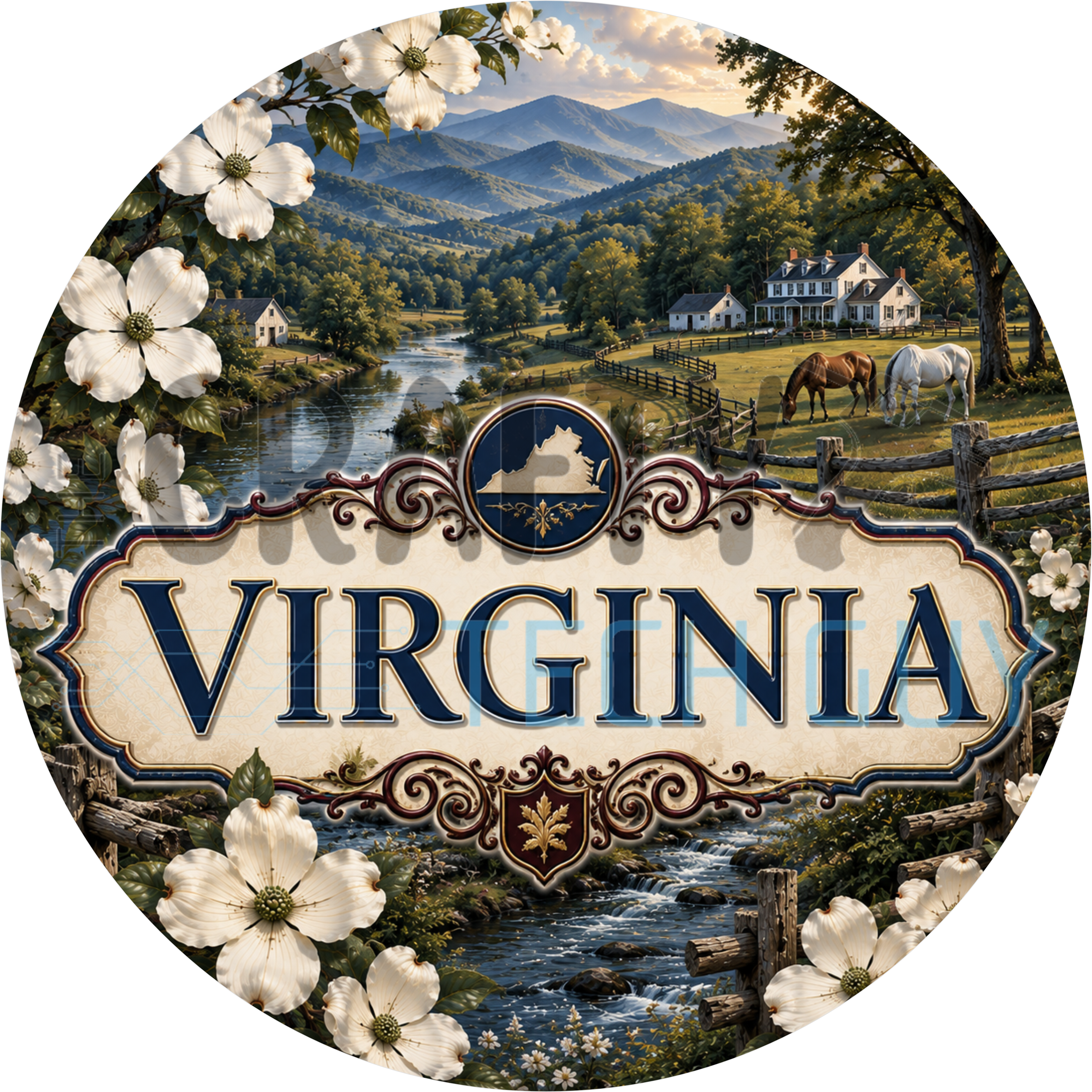 Virginia round wreath sign in coated aluminum, showing white dogwood blossoms, a horse farm and the Blue Ridge mountains