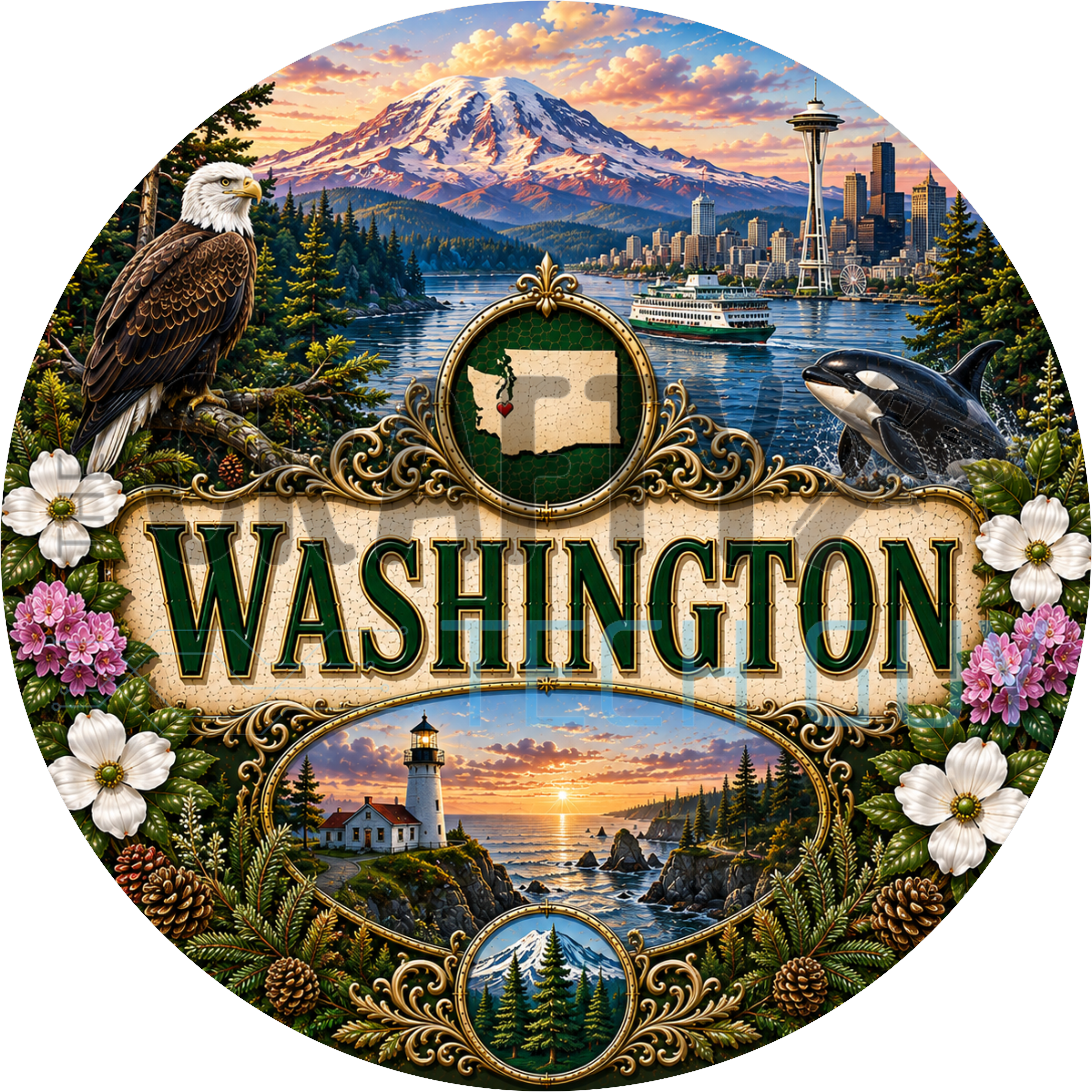Washington round wreath sign in coated aluminum, showing Mount Rainier, the Space Needle, evergreens and a breaching orca