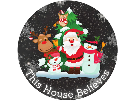 we believe Santa Claus and friends in the snow wreath sign, Snowman and reindeer sign, sign for December, sign for Christmas