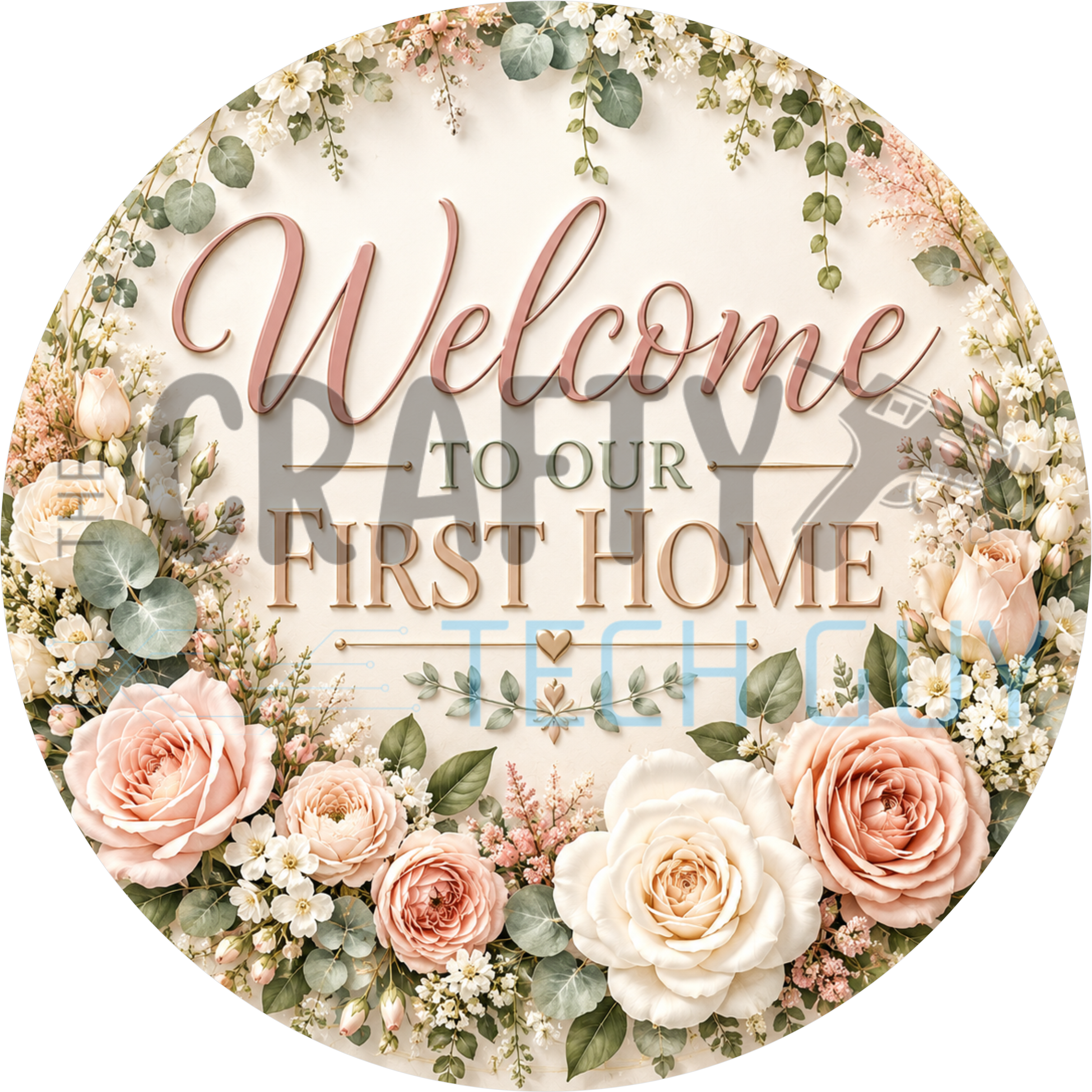 Welcome to our first home round wreath sign in coated aluminum, showing blush garden roses with silvery eucalyptus