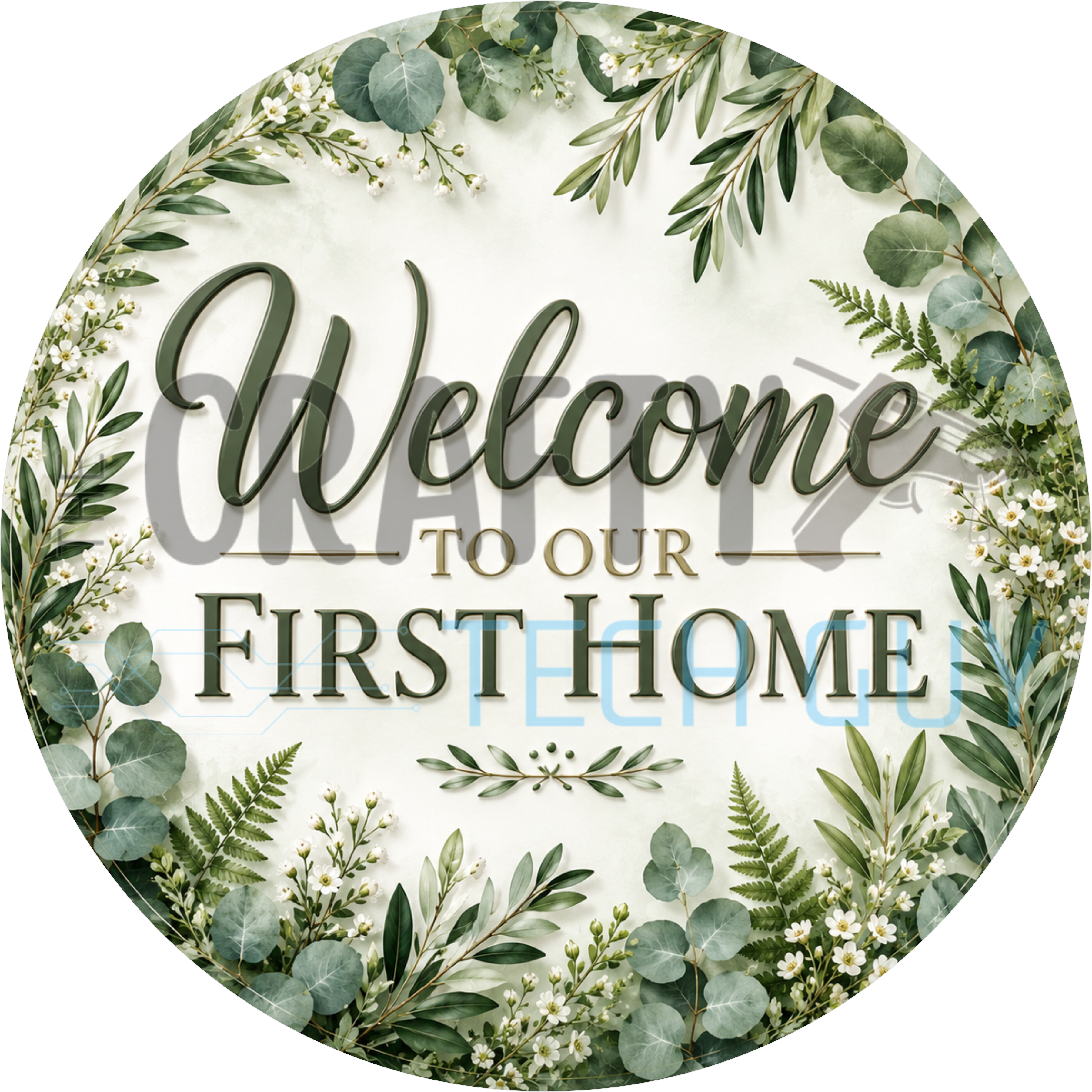 Welcome to our first home round wreath sign in coated aluminum, showing eucalyptus and olive branch greenery on white