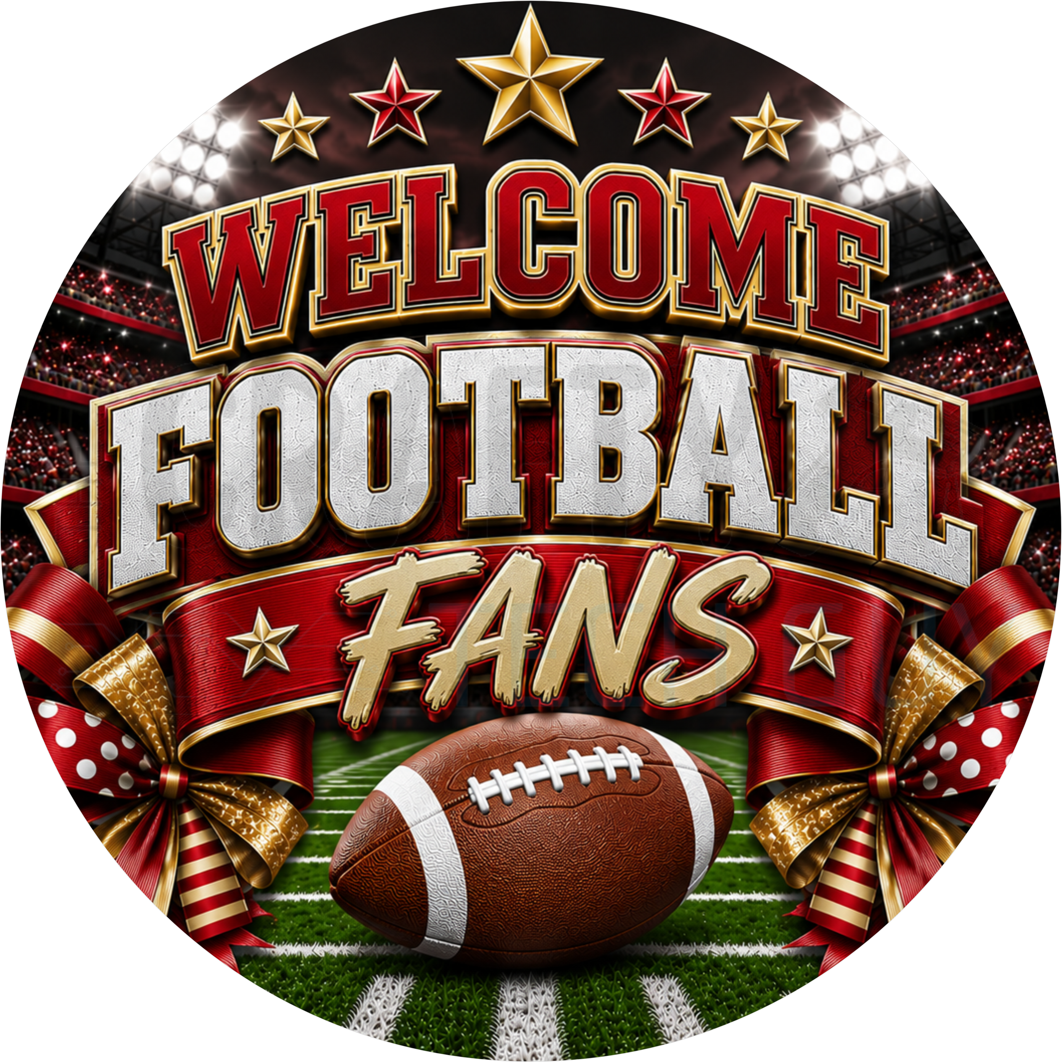 Welcome Football Fans round wreath sign in cardinal red and gold coated aluminum, showing a dark stadium, gold stars, a football on the field and cardinal ribbon bows