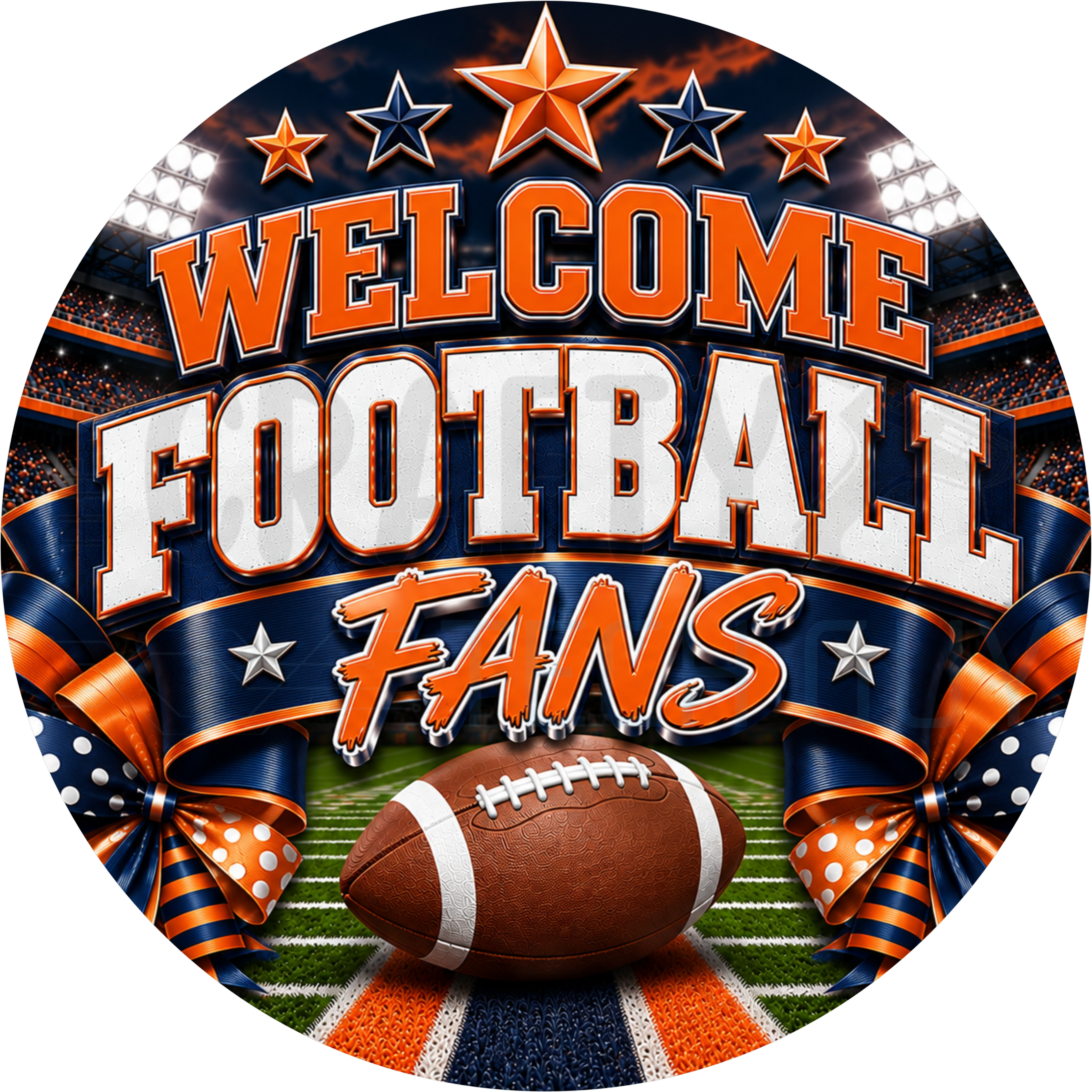 Welcome Football Fans round wreath sign in navy and orange coated aluminum, showing a sunset stadium, stars, a football on the field and navy and orange polka dot bows