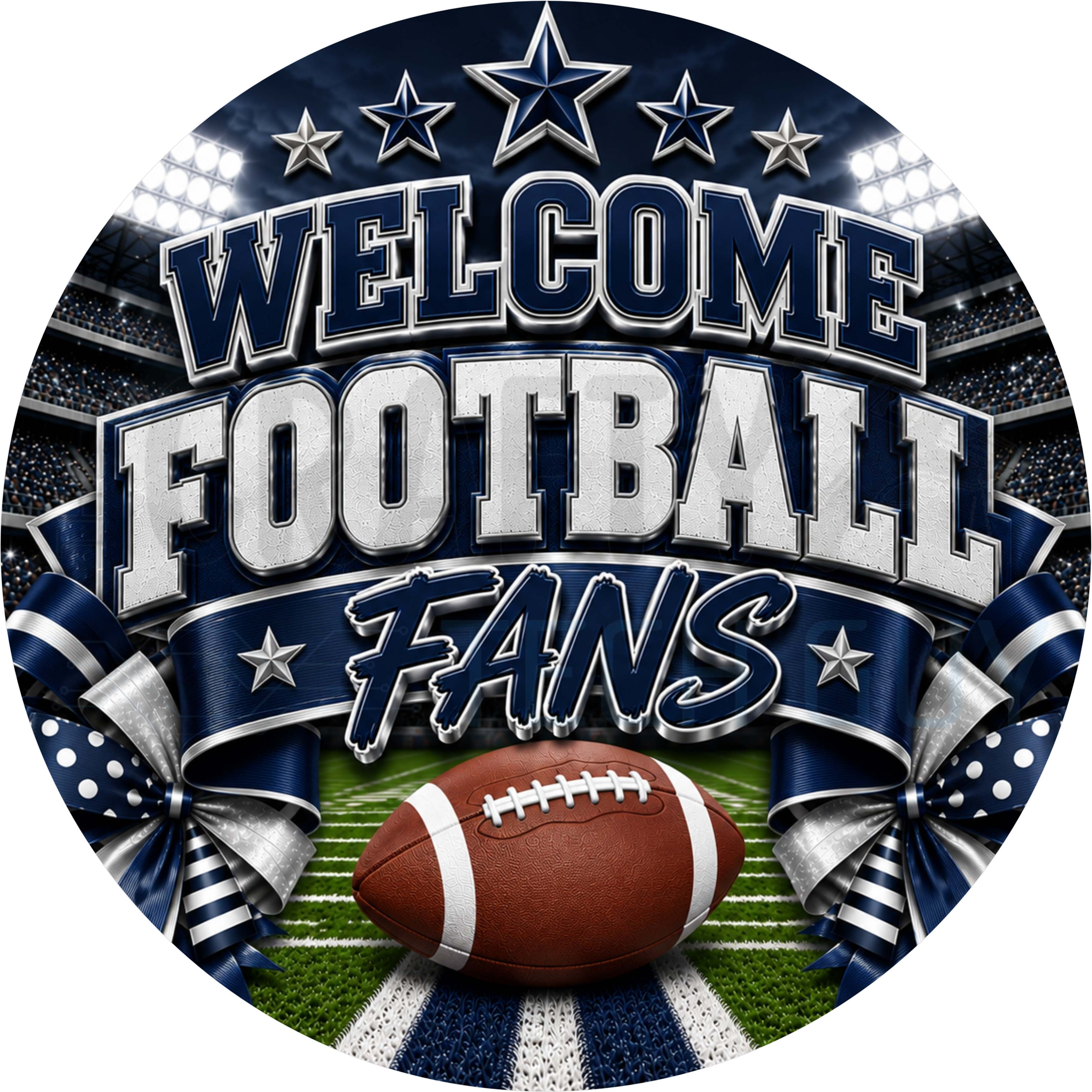 Welcome Football Fans round wreath sign in navy, white and silver coated aluminum, showing a floodlit stadium, silver stars, a football and navy polka dot ribbon bows