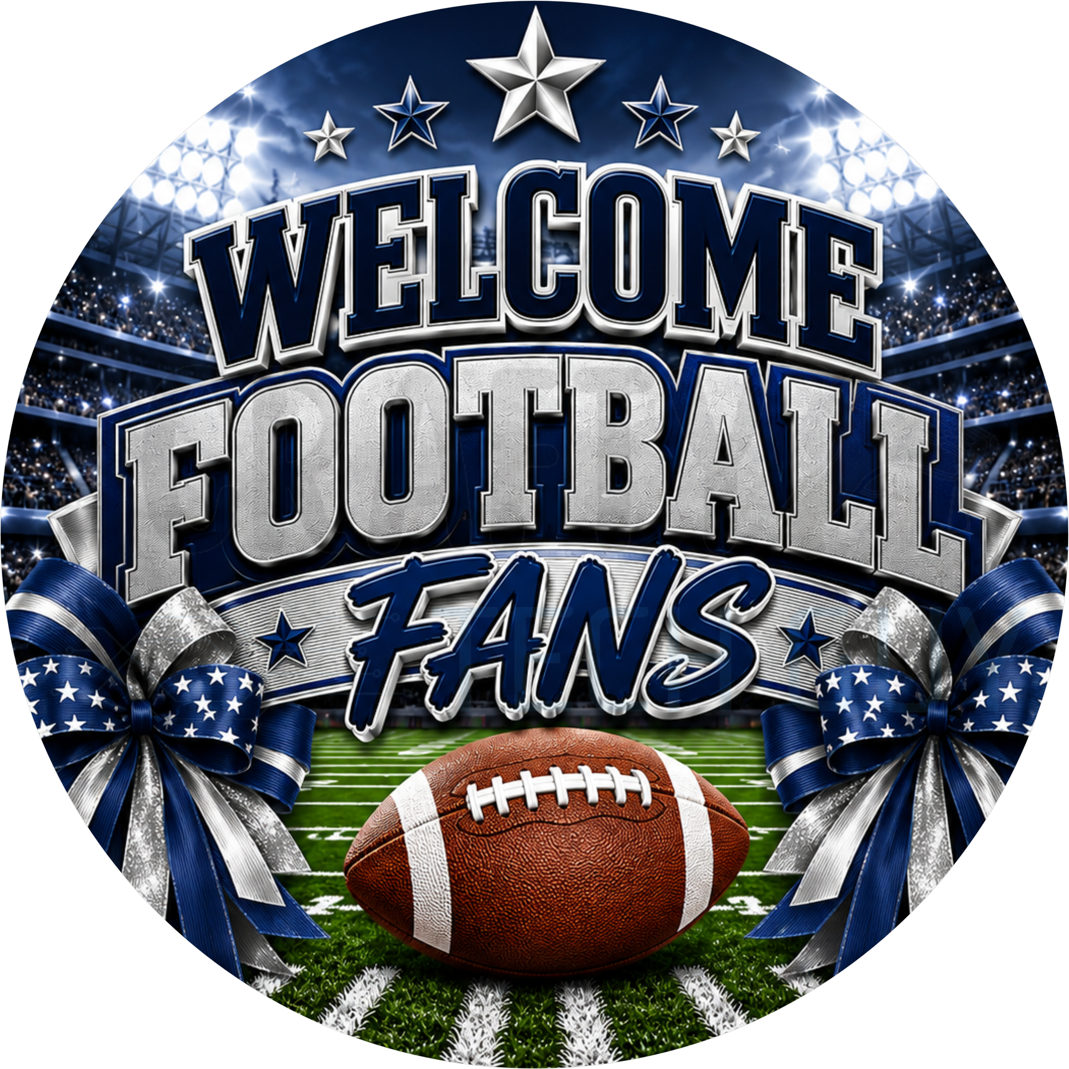 Welcome Football Fans round wreath sign in navy and silver coated aluminum, showing stadium lights, a star row, a football on the field and star-print ribbon bows