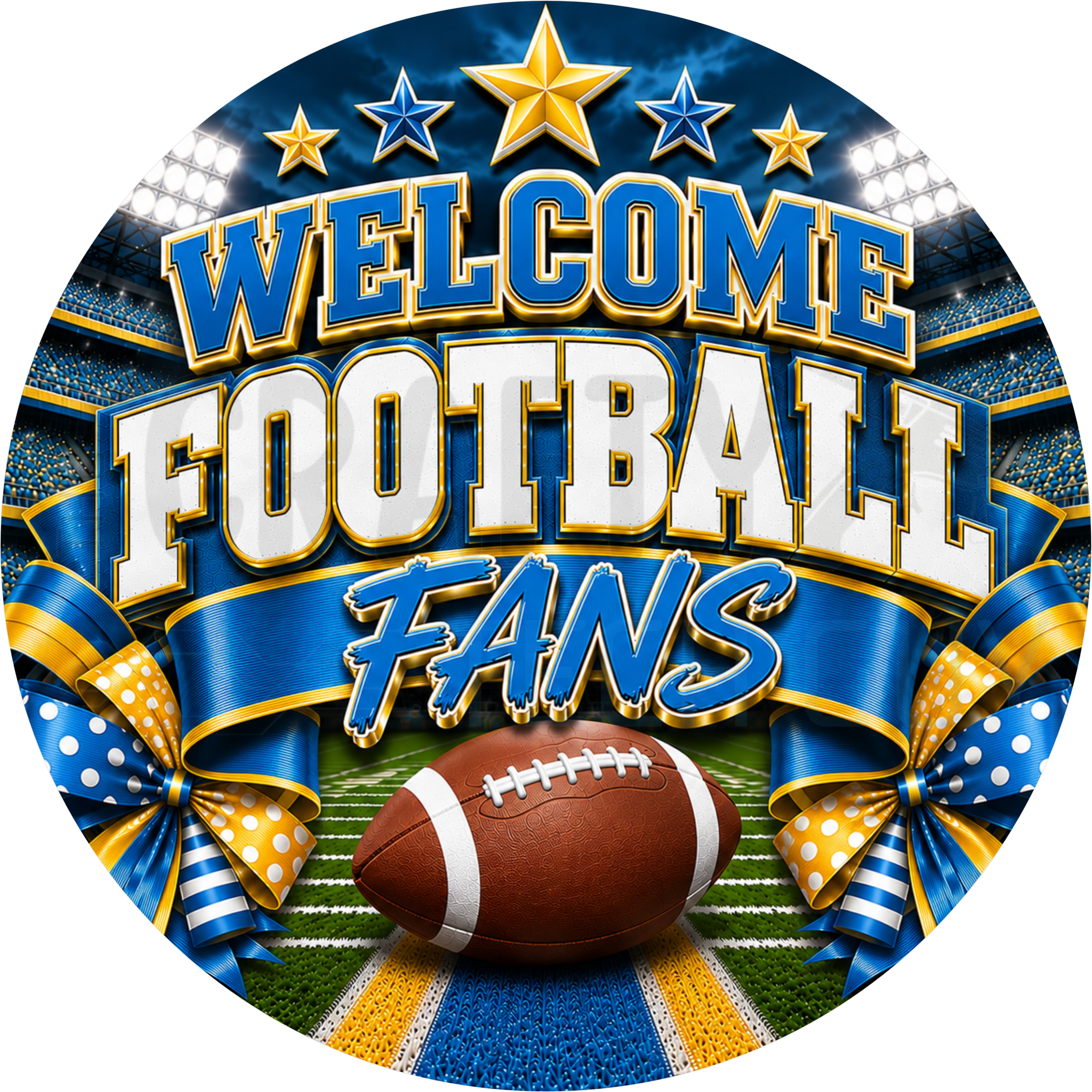 Welcome Football Fans round wreath sign in powder blue and gold coated aluminum, showing a blue stadium, gold stars, a football and blue and yellow polka dot ribbon bows