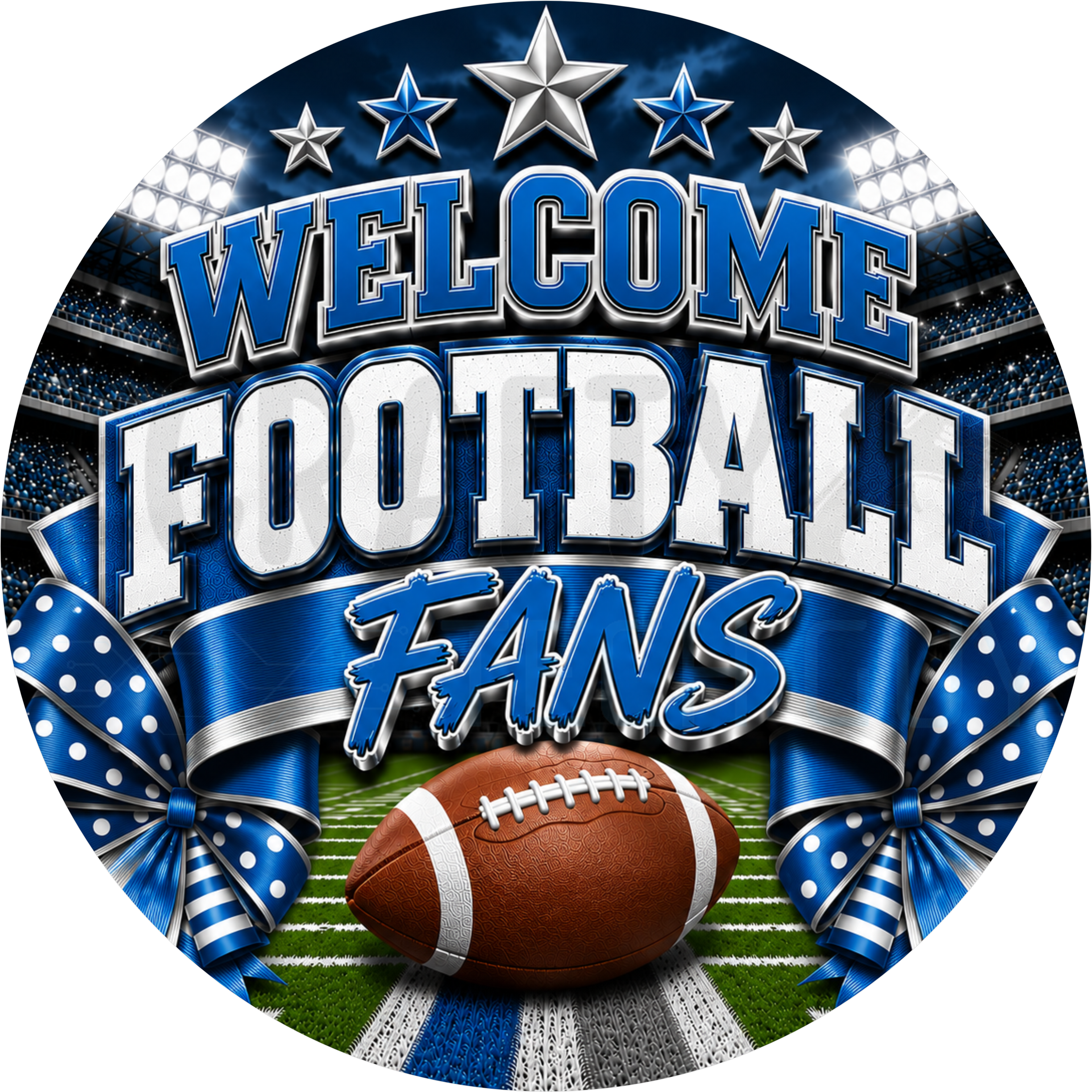 Welcome Football Fans round wreath sign in royal blue and silver coated aluminum, showing a blue stadium, silver stars, a football on the field and royal blue polka dot bows