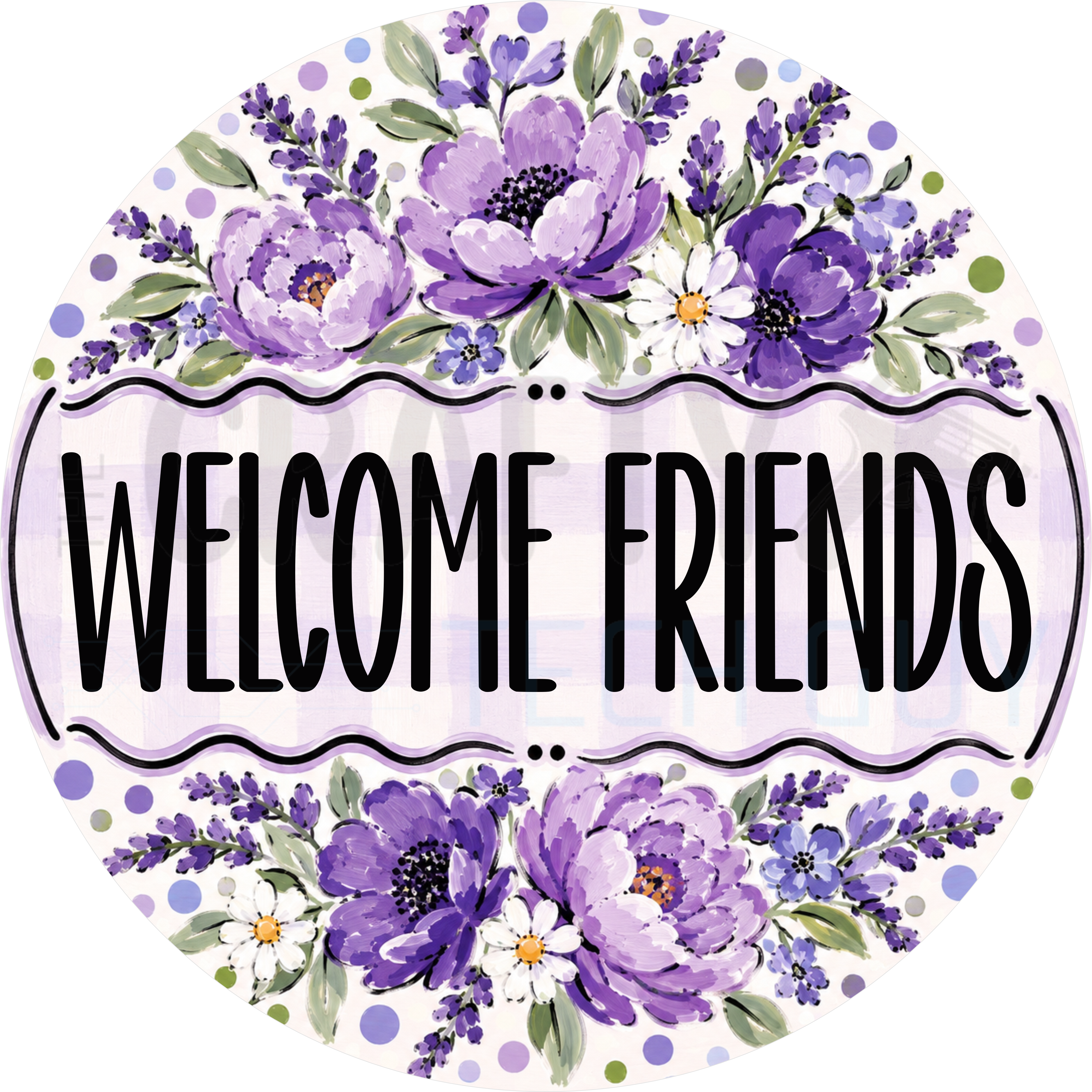 Welcome Friends round wreath sign in coated aluminum, showing painted purple peonies, lavender sprigs and white daisies around a lavender gingham lettering panel