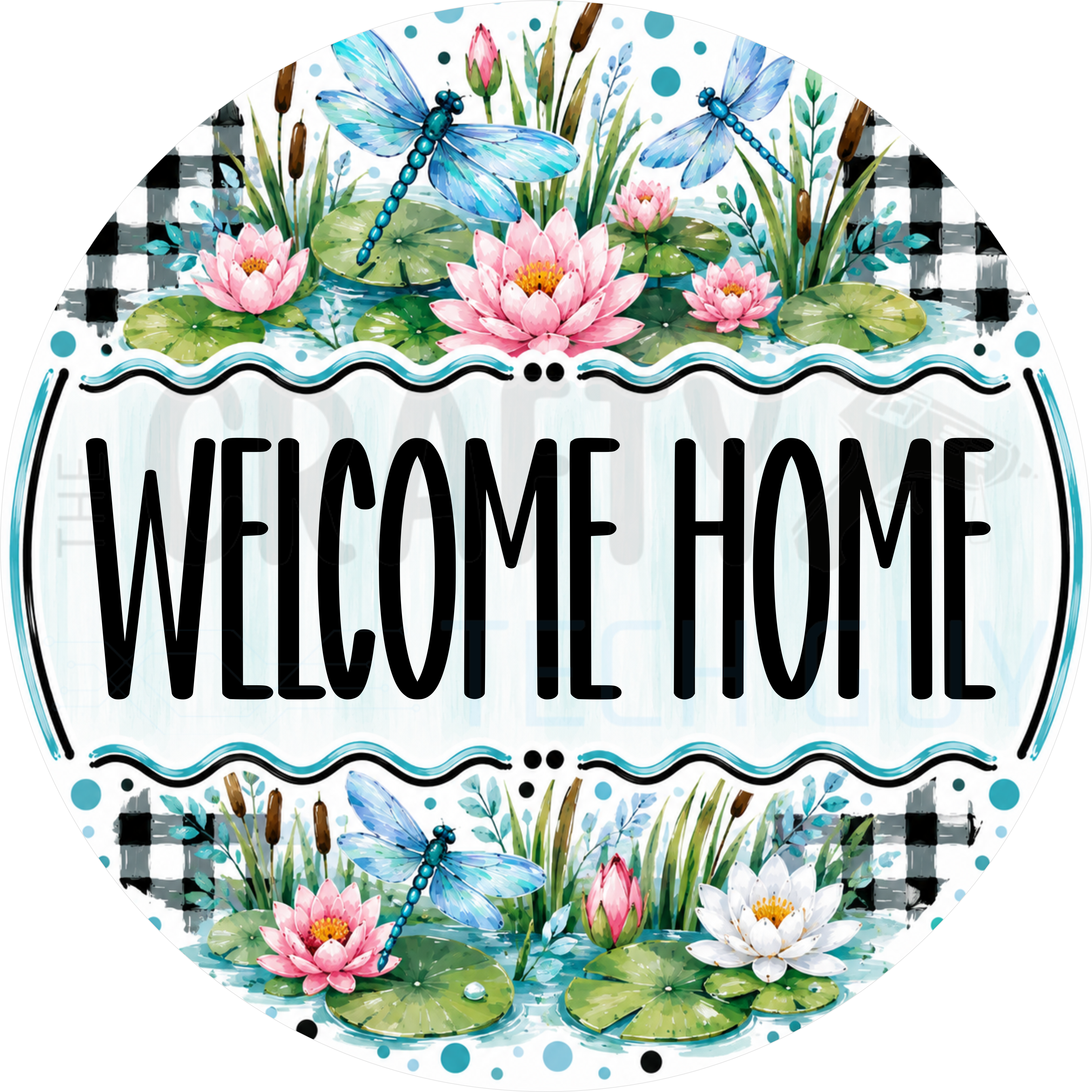 Welcome Home round wreath sign in coated aluminum, showing painted blue dragonflies, pink water lilies, lily pads and cattails around an aqua lettering panel