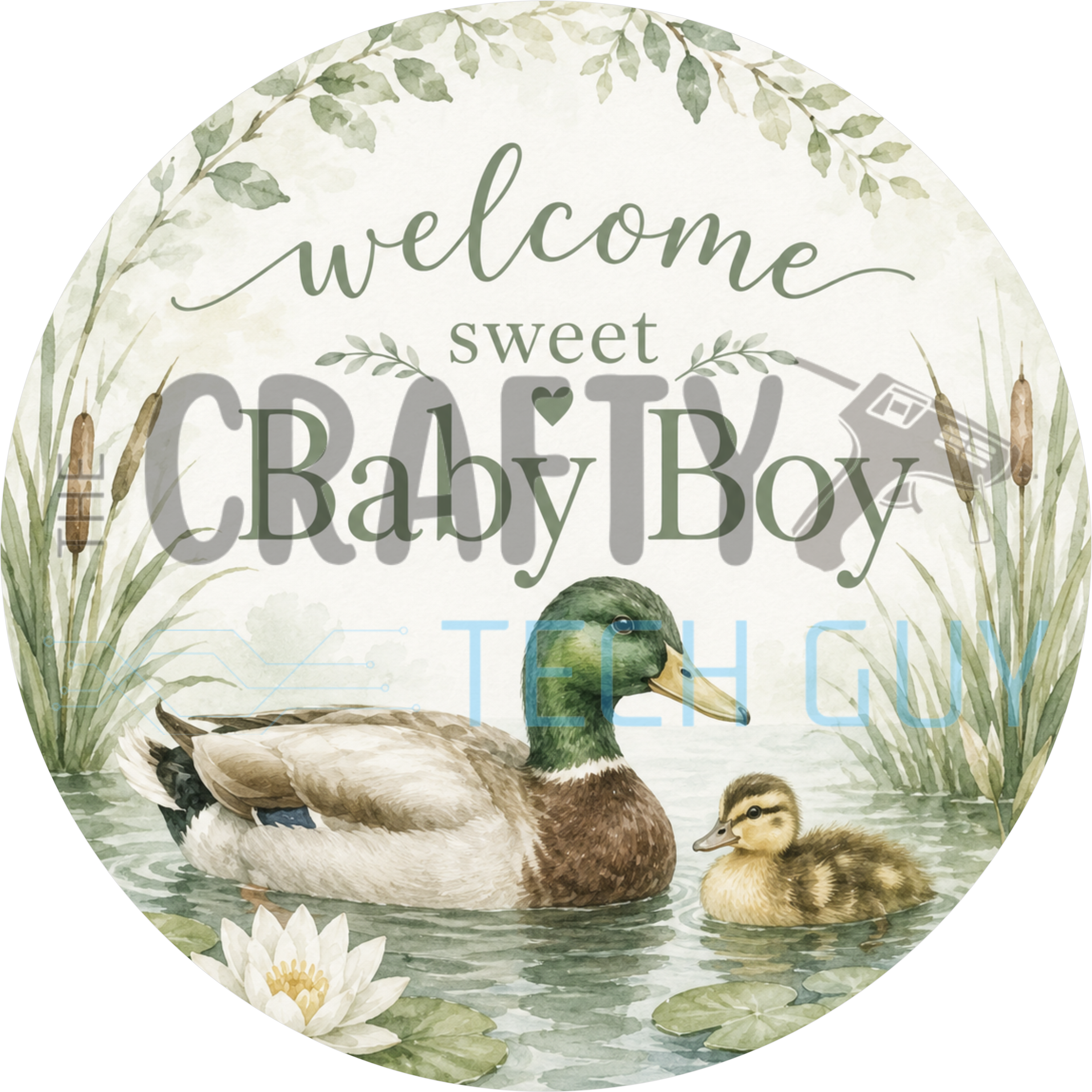 Welcome Sweet Baby Boy round wreath sign in coated aluminum, showing a mallard duck with ducklings on a cattail pond