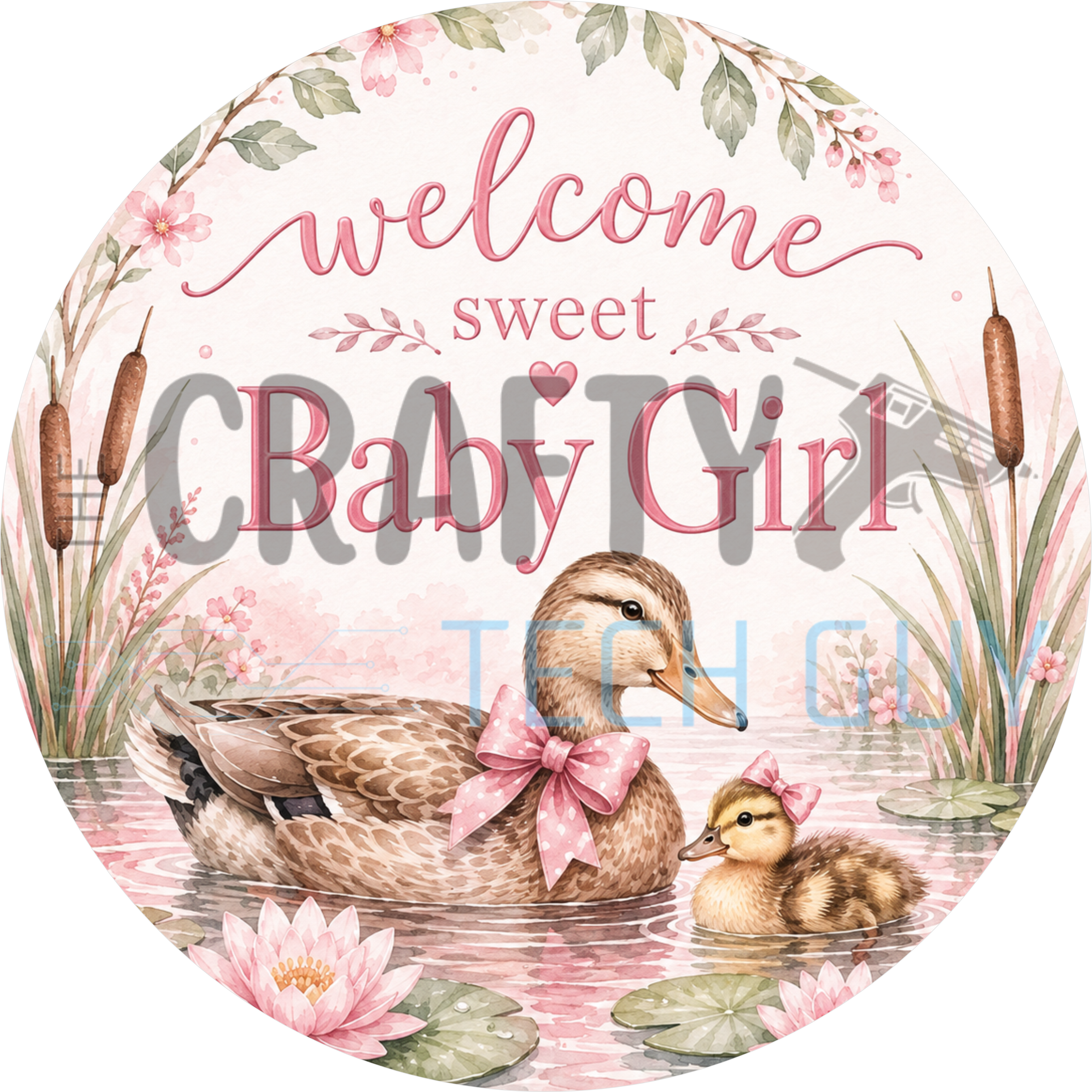 Welcome Sweet Baby Girl round wreath sign in coated aluminum, showing a mother duck and duckling among pink blossoms