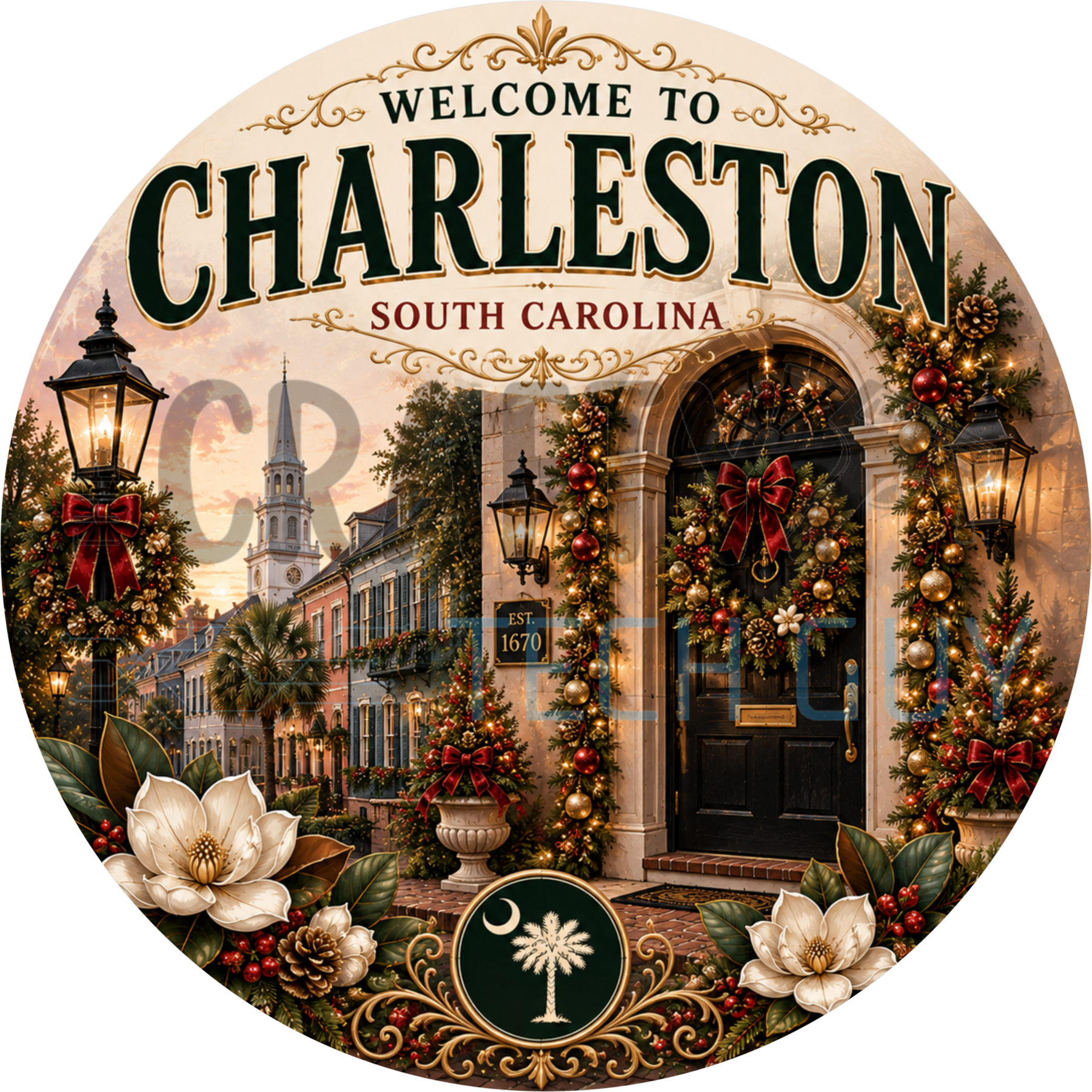 Welcome to Charleston South Carolina Christmas round wreath sign with a garland-wrapped arched doorway, gas lanterns and Rainbow Row