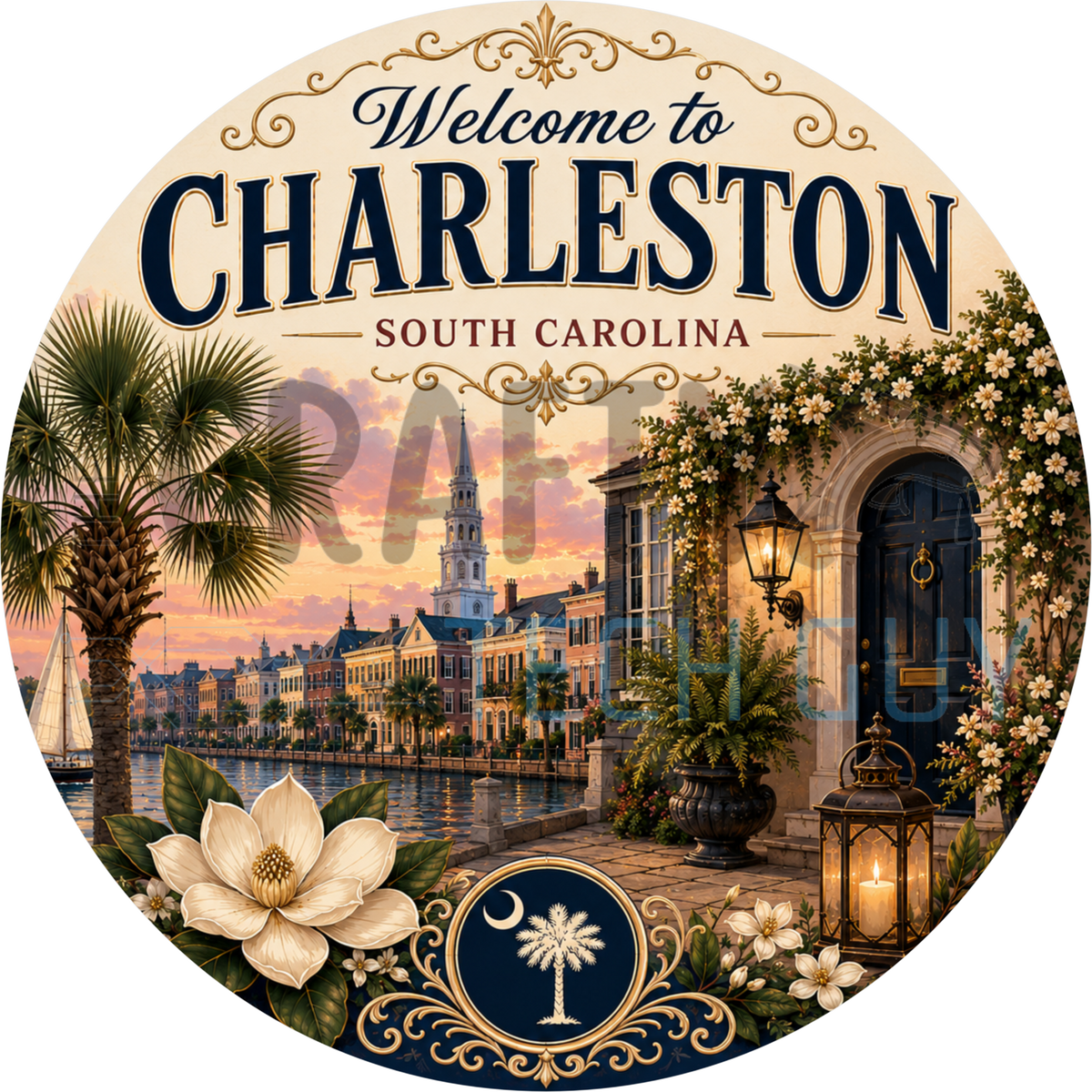 Welcome to Charleston South Carolina round wreath sign with pastel Rainbow Row houses, a palmetto, sailboat and lamplit arched doorway