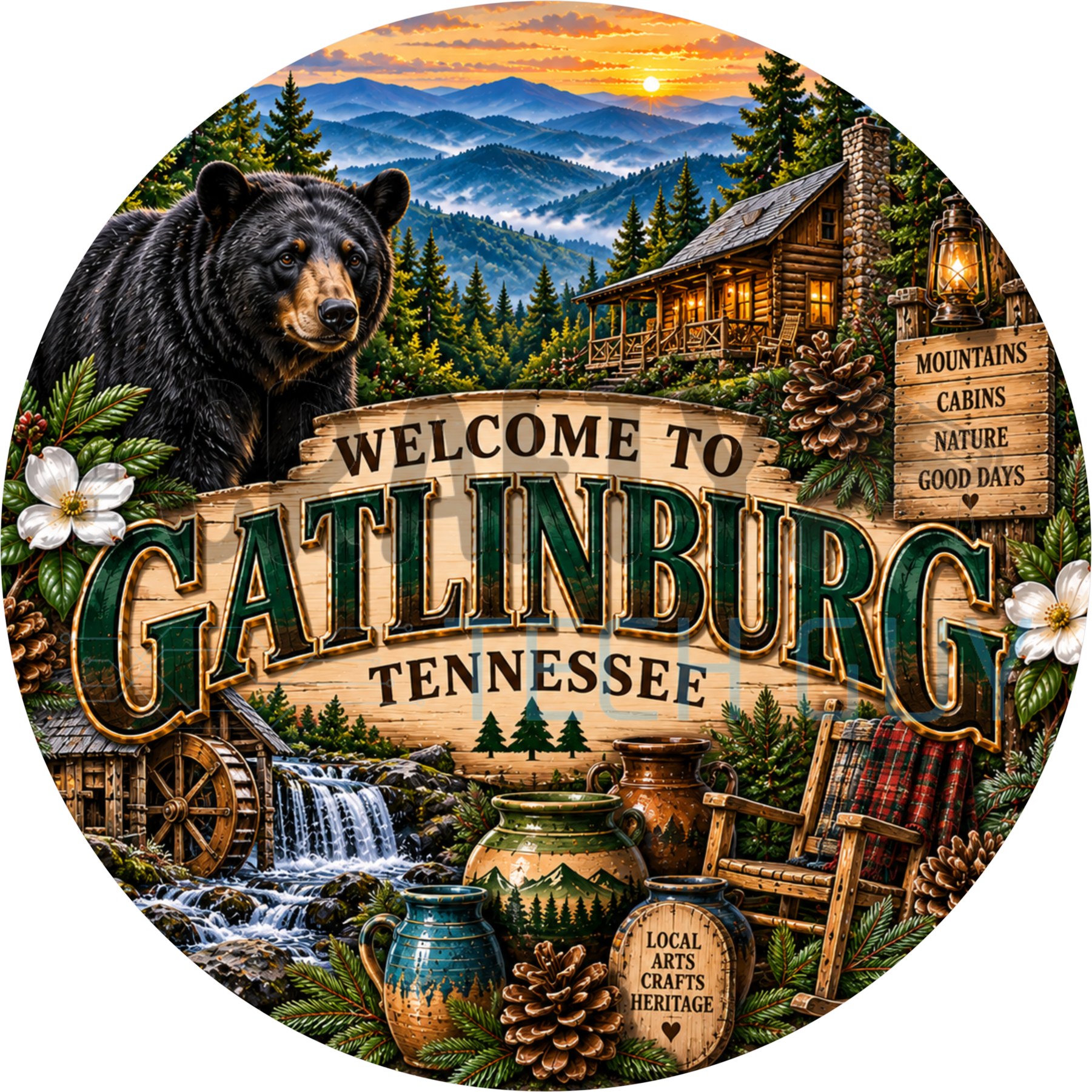 Welcome to Gatlinburg Tennessee round wreath sign with a black bear over a carved sign, log cabin, waterwheel and Smoky Mountain ridges
