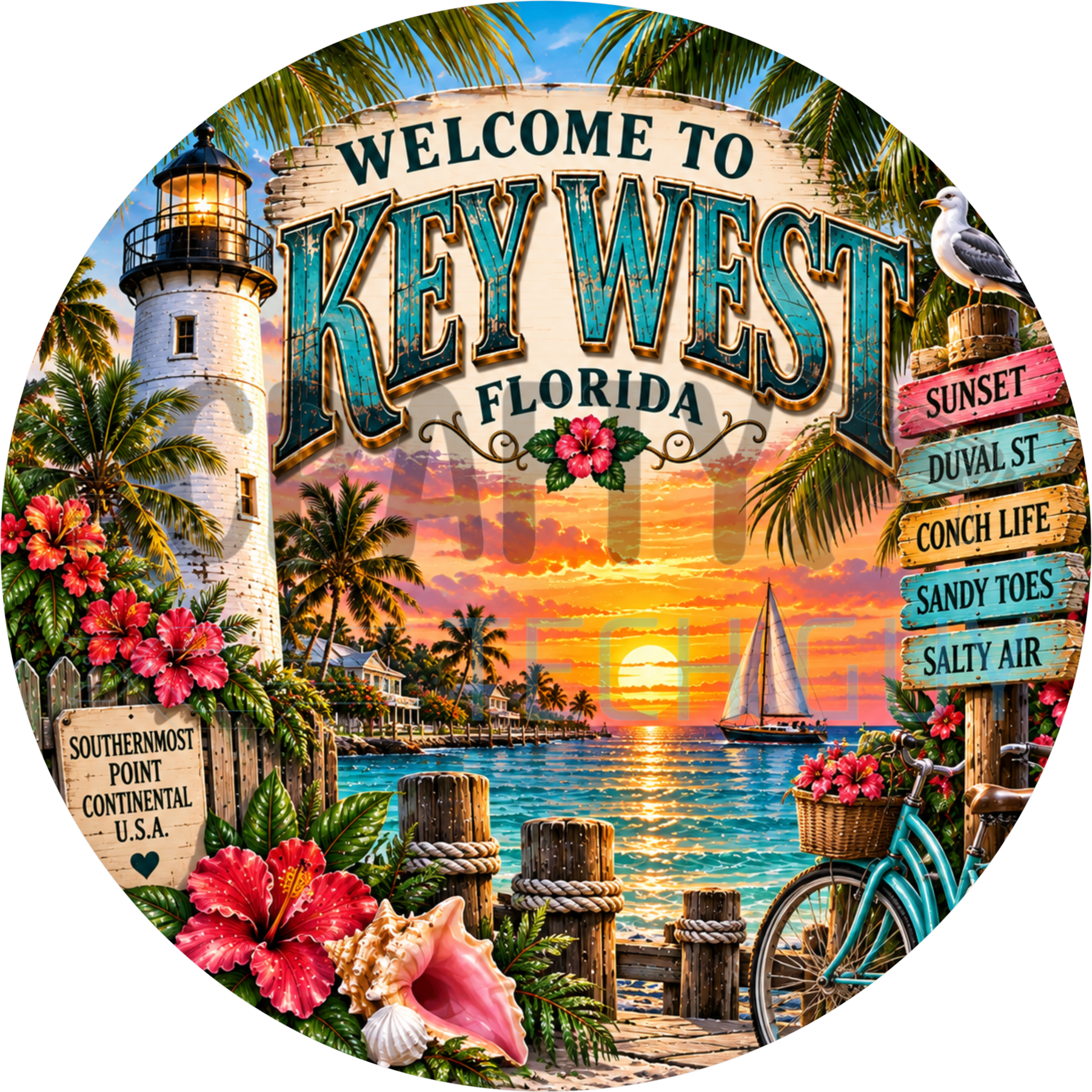 Welcome to Key West Florida round wreath sign with a white lighthouse, sailboat crossing the sunset, palms, teal bicycle and red hibiscus
