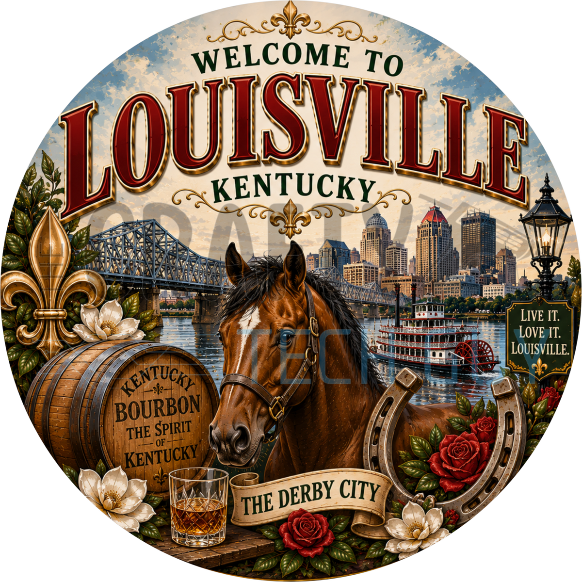 Welcome to Louisville Kentucky round wreath sign with a bay thoroughbred, bourbon barrel, skyline, steamboat and a rose-filled horseshoe
