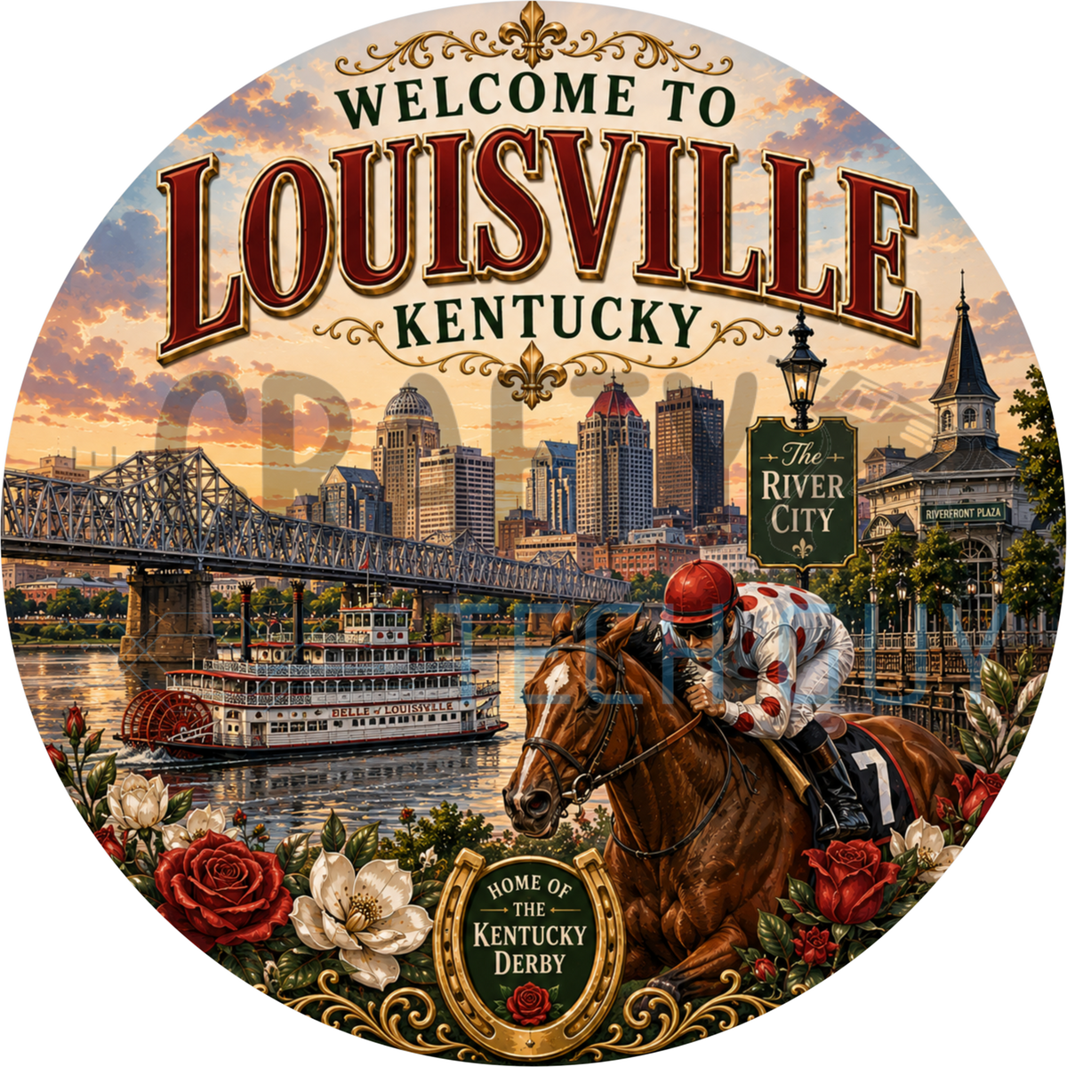 Welcome to Louisville Kentucky round wreath sign with a jockey on a galloping racehorse, the skyline, truss bridge and Belle of Louisville