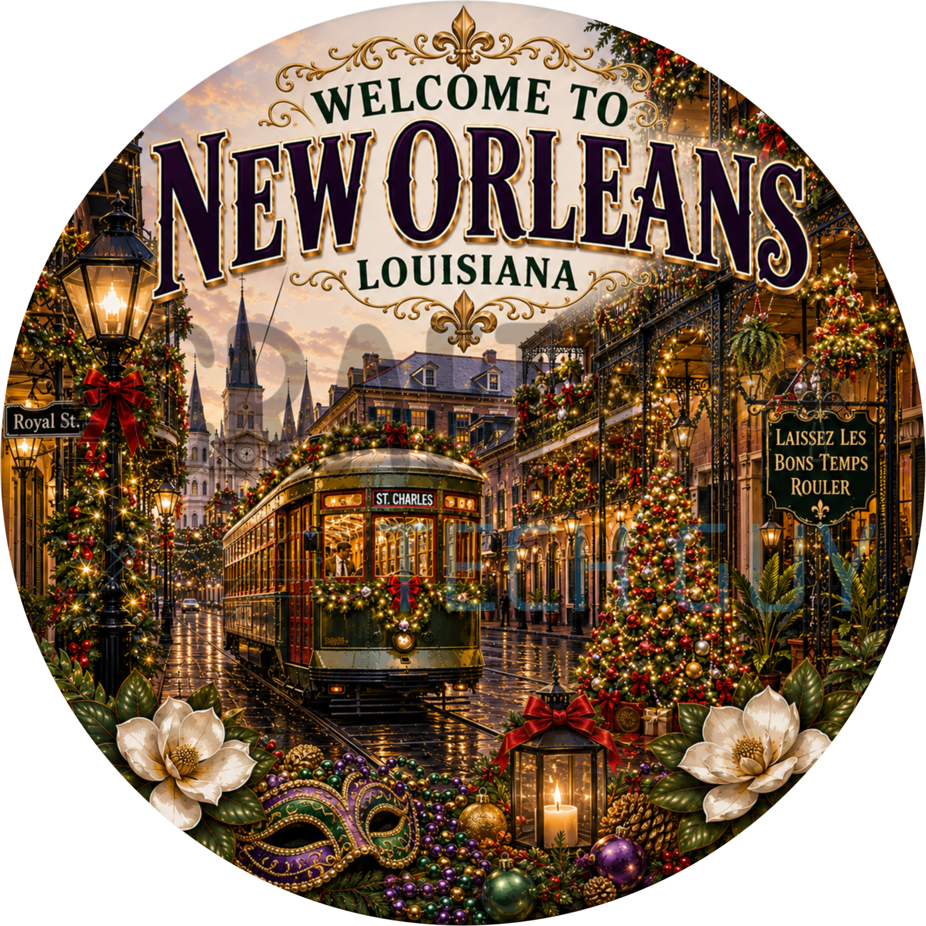 Welcome to New Orleans Christmas round wreath sign with a garland-hung streetcar on a lit French Quarter street and a decorated tree