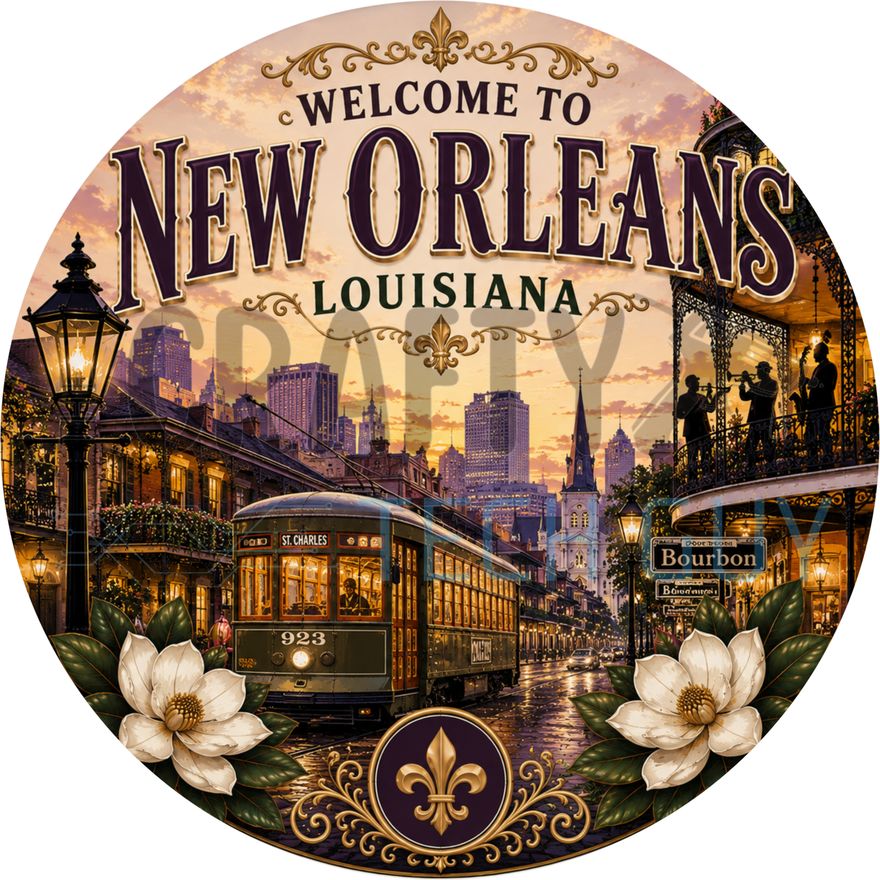 Welcome to New Orleans round wreath sign with a green St. Charles streetcar on a wet lamplit French Quarter street and white magnolias