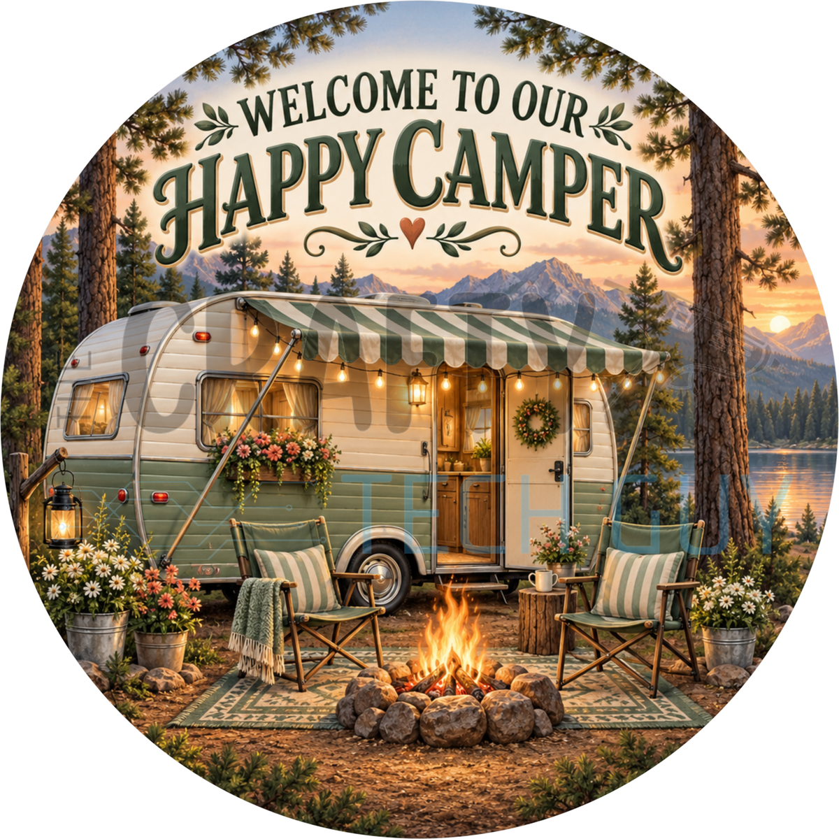 Welcome To Our Happy Camper round wreath sign with a vintage sage green trailer, string lights, camp chairs and a stone fire ring
