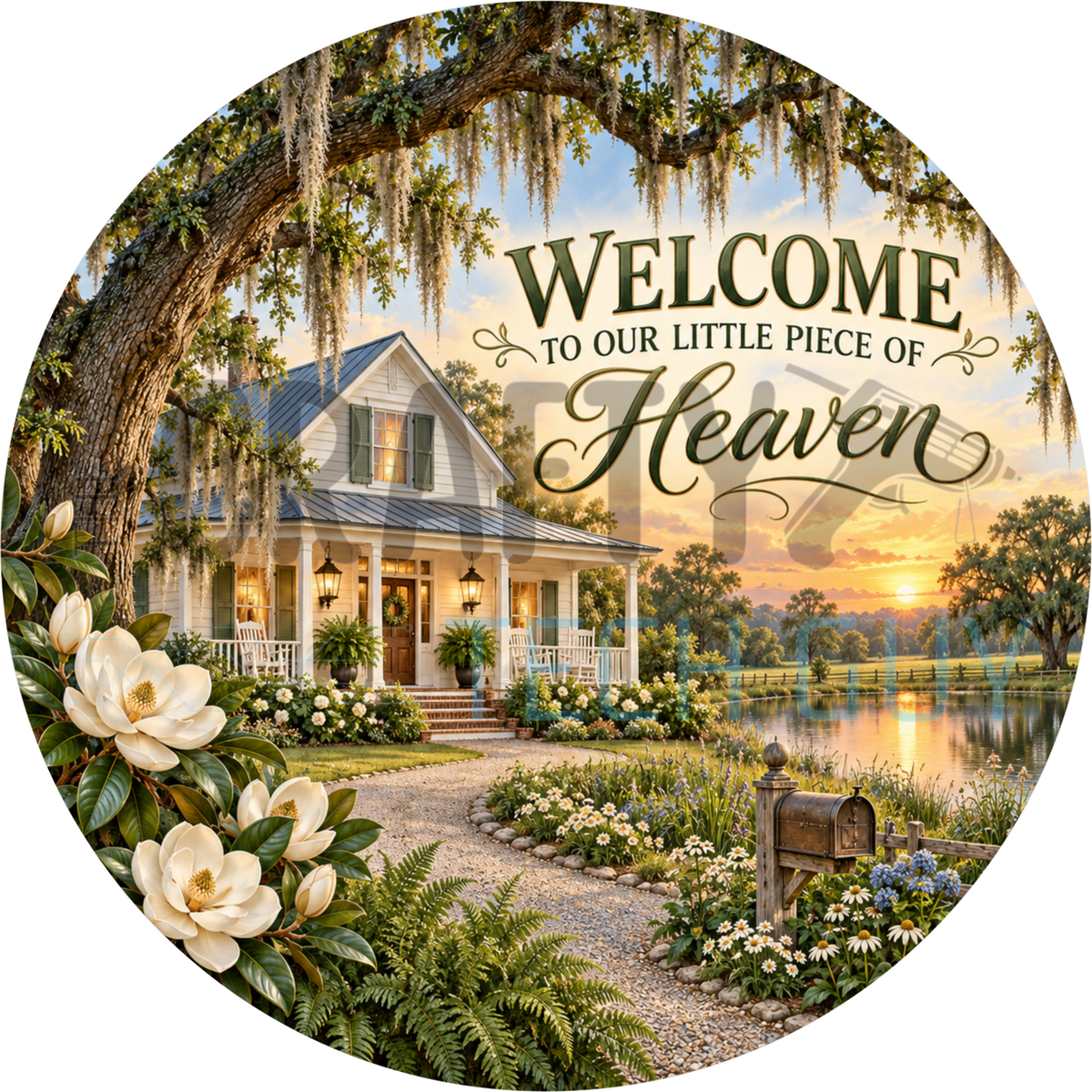 Welcome To Our Little Piece Of Heaven round wreath sign with a white Southern farmhouse, porch rocking chairs, live oak and magnolias