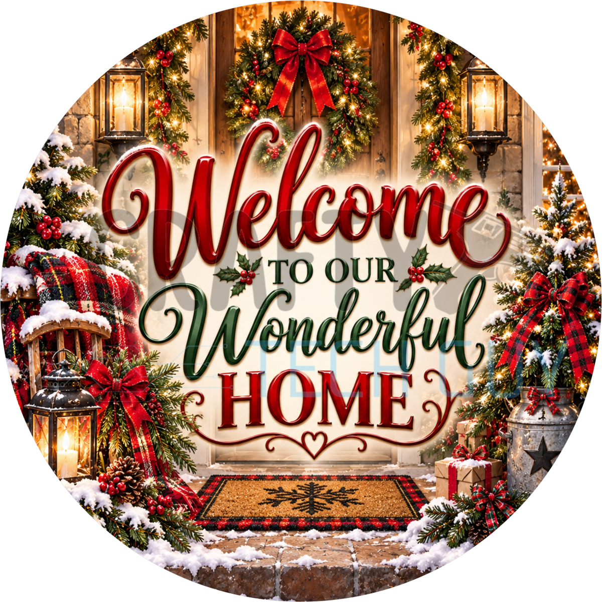 Welcome To Our Wonderful Home Christmas round wreath sign with a lit wreath on wooden doors, wall lanterns, plaid-bowed trees, a sled and a snowflake doormat