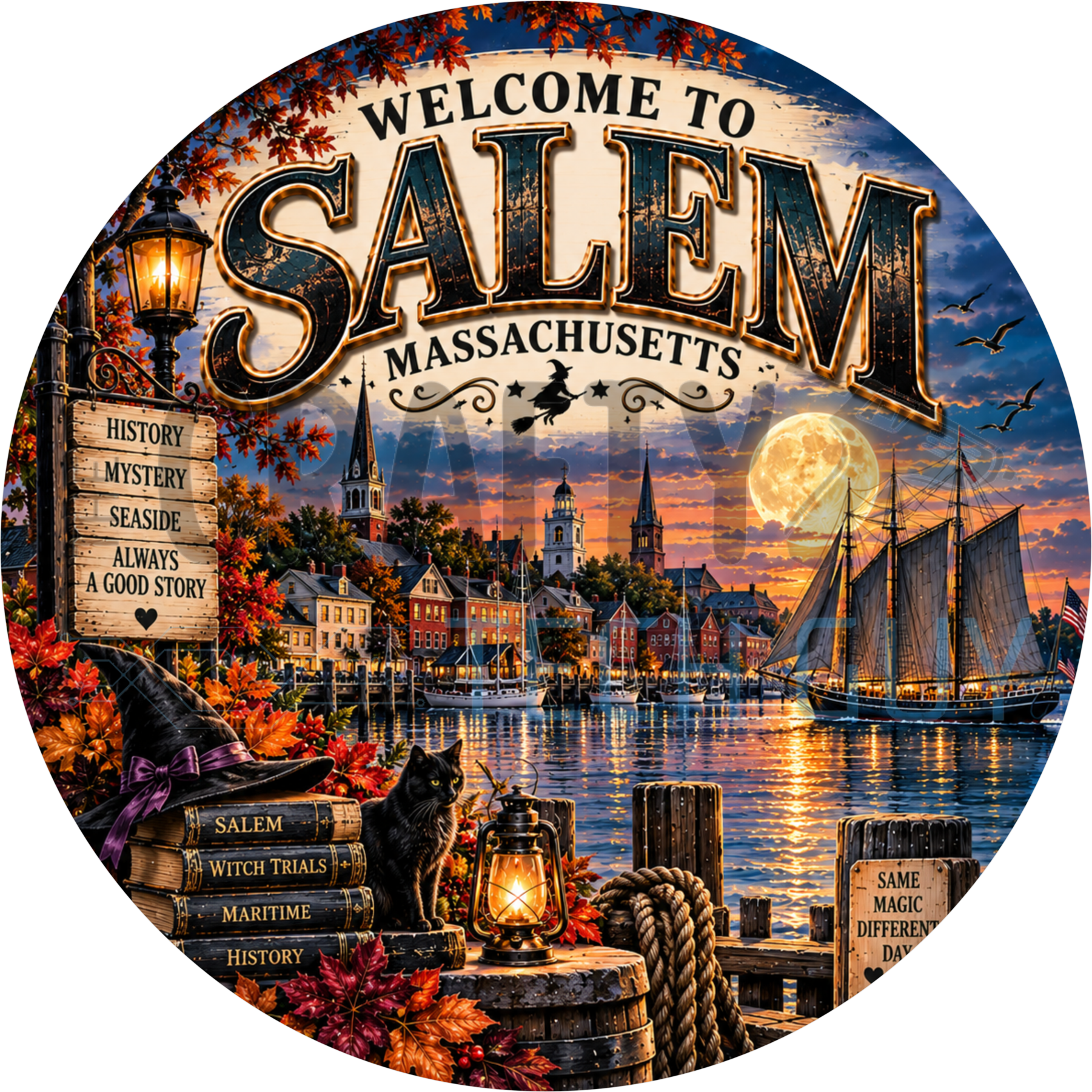 Welcome to Salem Massachusetts round wreath sign with a black cat, witch hat and lantern on a dock, tall ship and full moon over the harbor