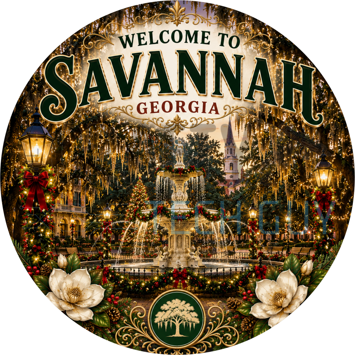 Welcome to Savannah Georgia Christmas round wreath sign with the lit Forsyth Park fountain, fairy-lit live oaks and magnolias