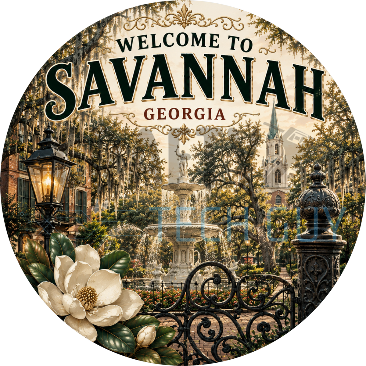 Welcome to Savannah Georgia round wreath sign with the Forsyth Park fountain, live oaks in Spanish moss, iron fence and a magnolia