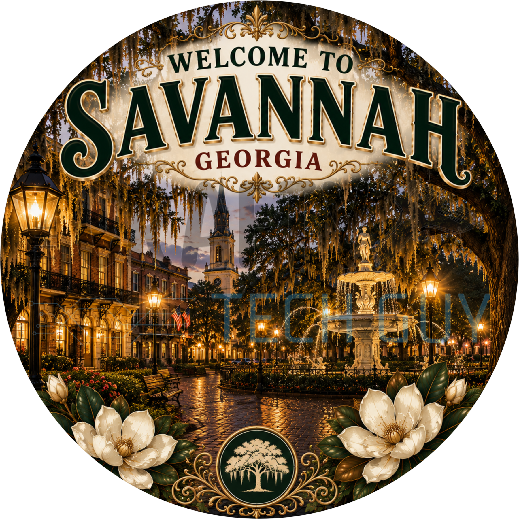 Welcome to Savannah Georgia round wreath sign with a lamplit historic square, stone fountain, Spanish moss and cream magnolias