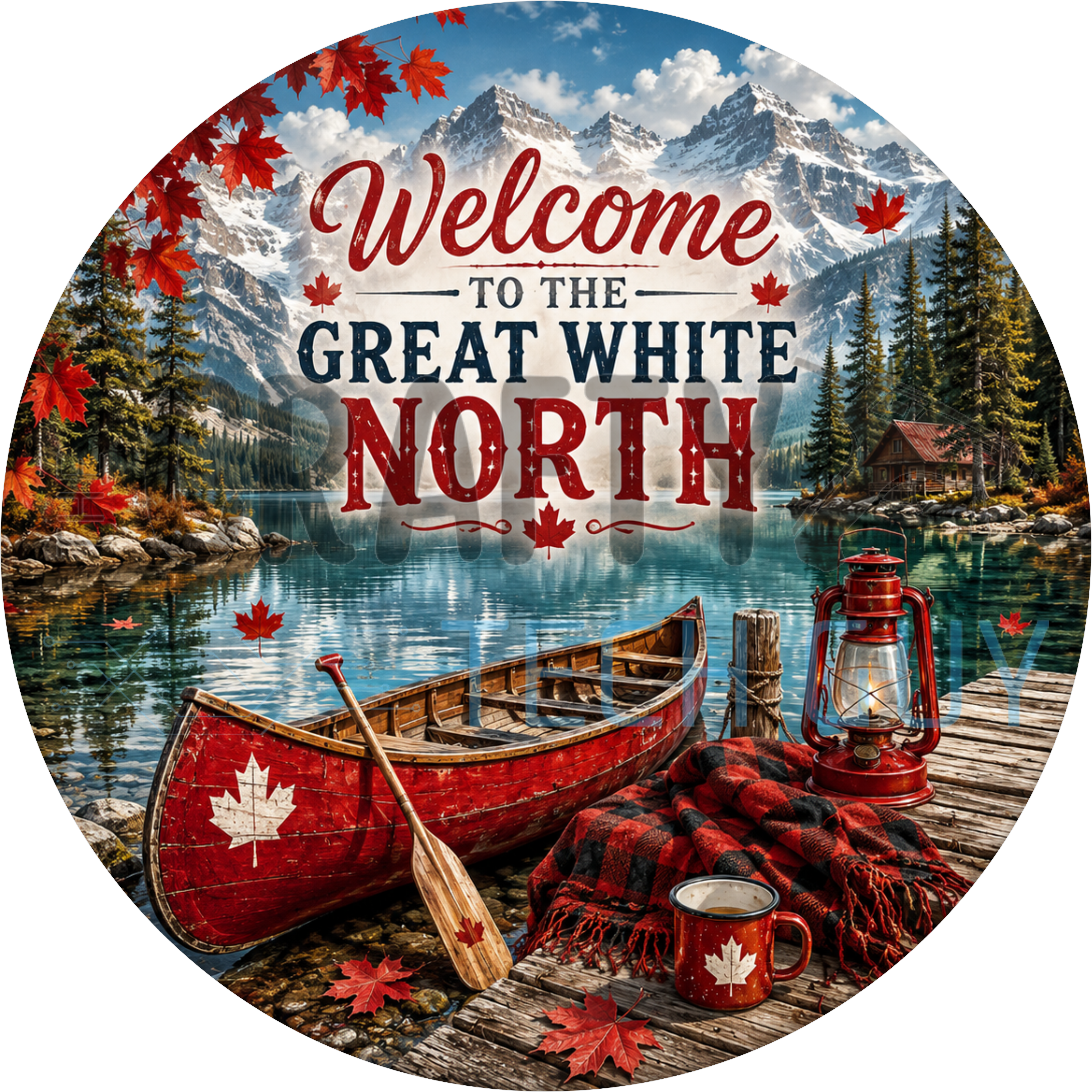 Welcome To The Great White North round sign with red maple leaf canoe on a dock, paddle, lantern, plaid blanket and mountain lake