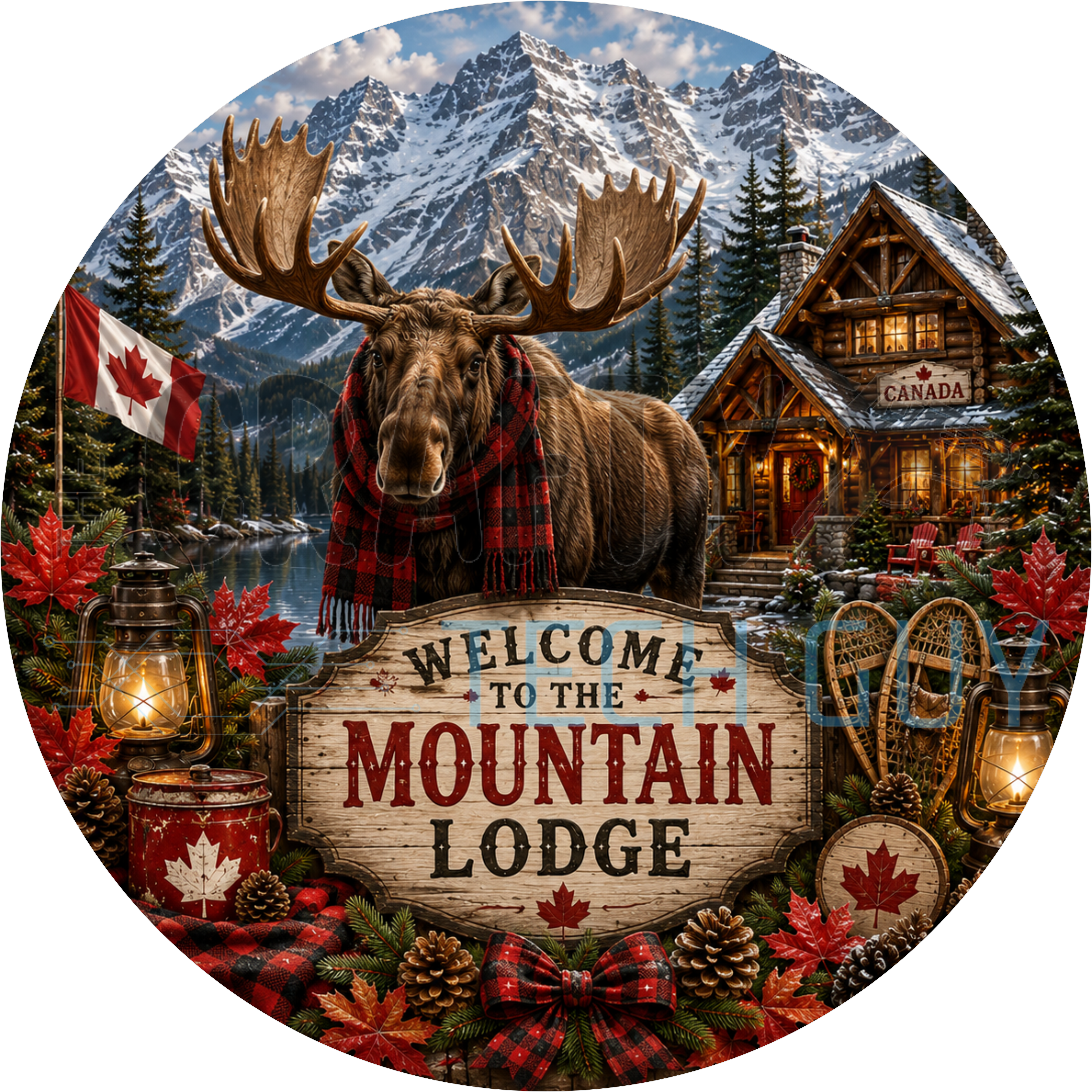 Welcome To The Mountain Lodge round sign with moose in red buffalo plaid scarf, timber cabin, snowy mountains and lanterns