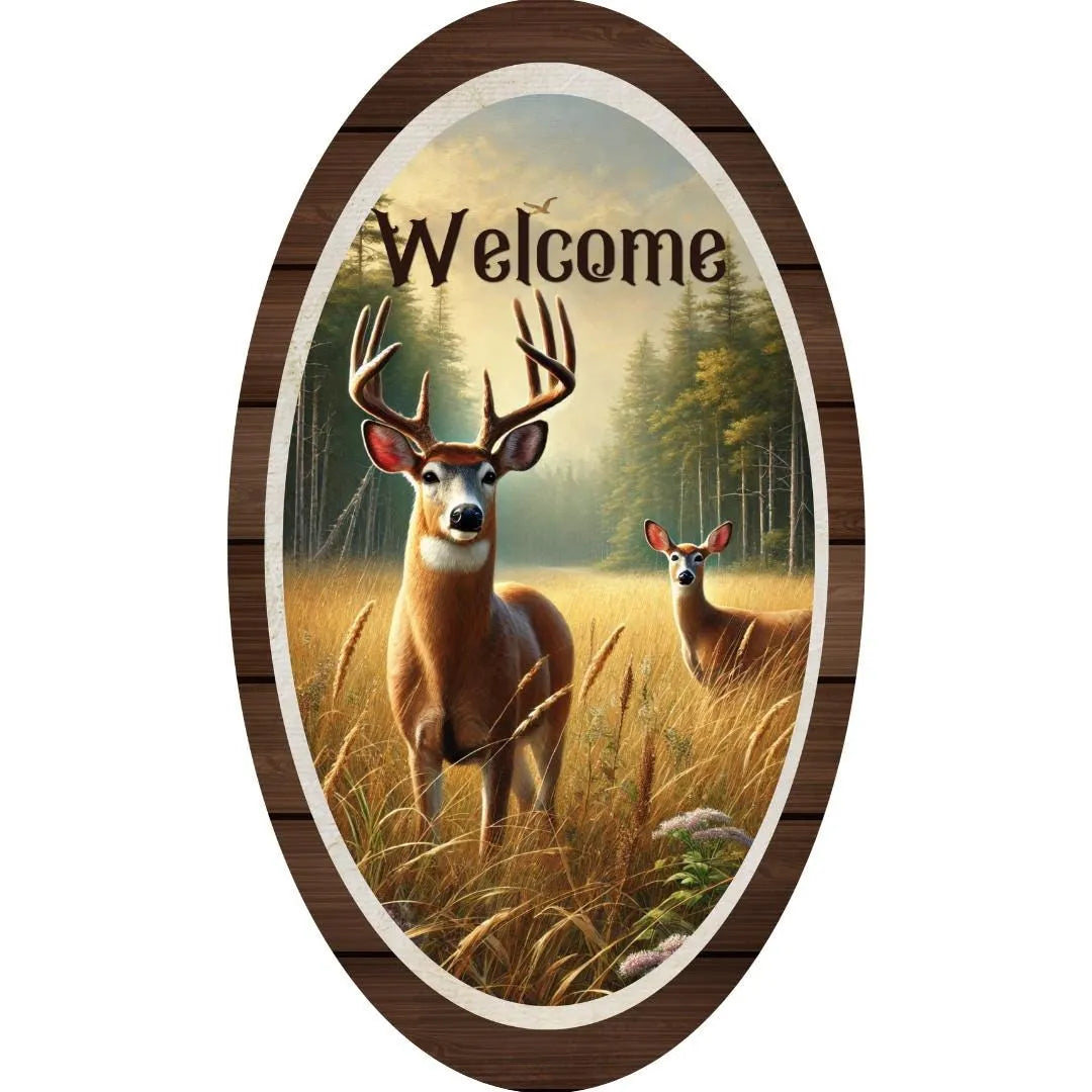 Welcome Deer Oval Sign, Rustic Woodgrain Border, Woodland Animal Decor, Cabin Entryway Sign, Deer Wall Art, Outdoor Lodge Decor