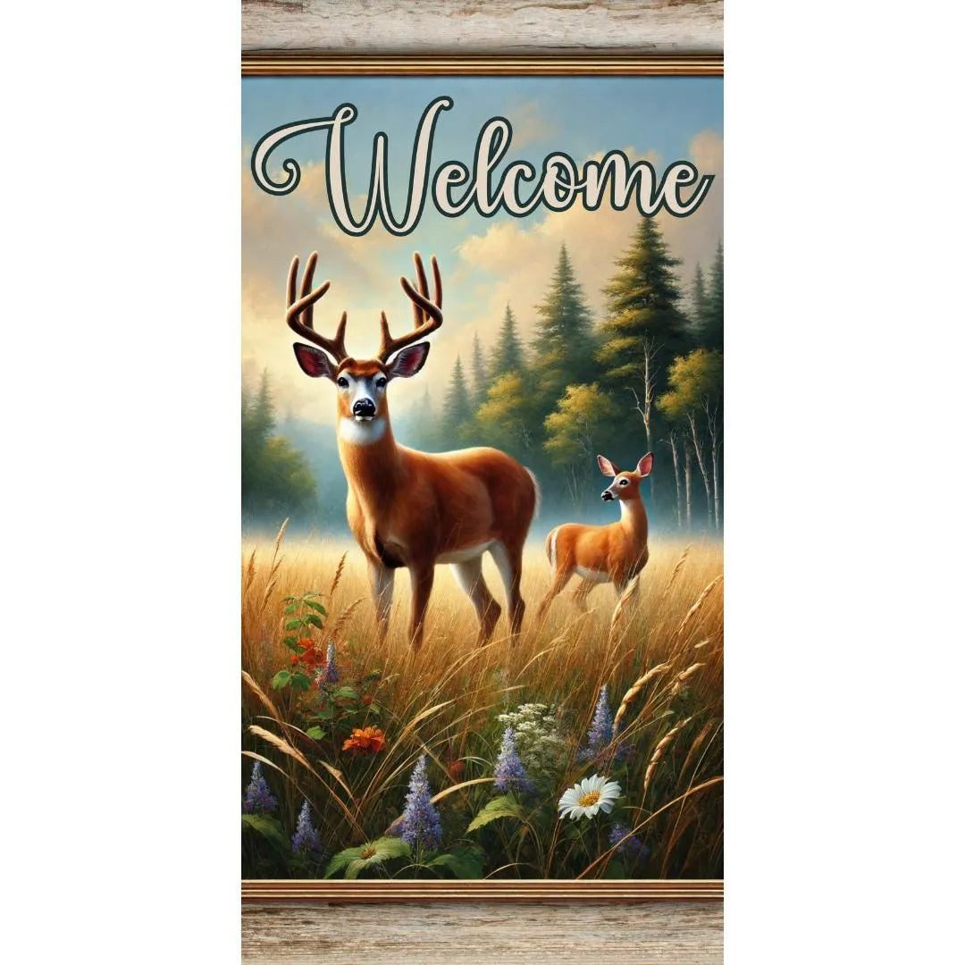 Welcome Deer Sign - Rustic Woodland Deer Decor - Nature Scene Welcome Plaque - Deer Family Wall Art - Cabin Entryway Sign