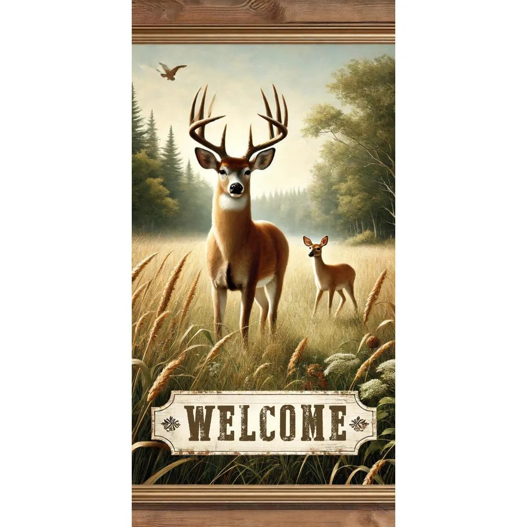 Welcome Deer Sign - Rustic Woodland Deer Decor - Nature Scene Welcome Plaque - Deer Family Wall Art - Cabin Entryway Sign