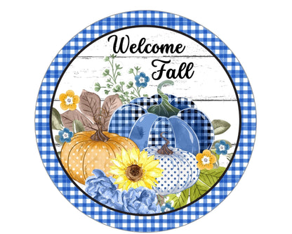 Rustic Fall Decor, Blue Pumpkin Welcome Sign, Farmhouse Gingham Fall Wreath Insert, Autumn Wall Art, Seasonal Sunflower Sign