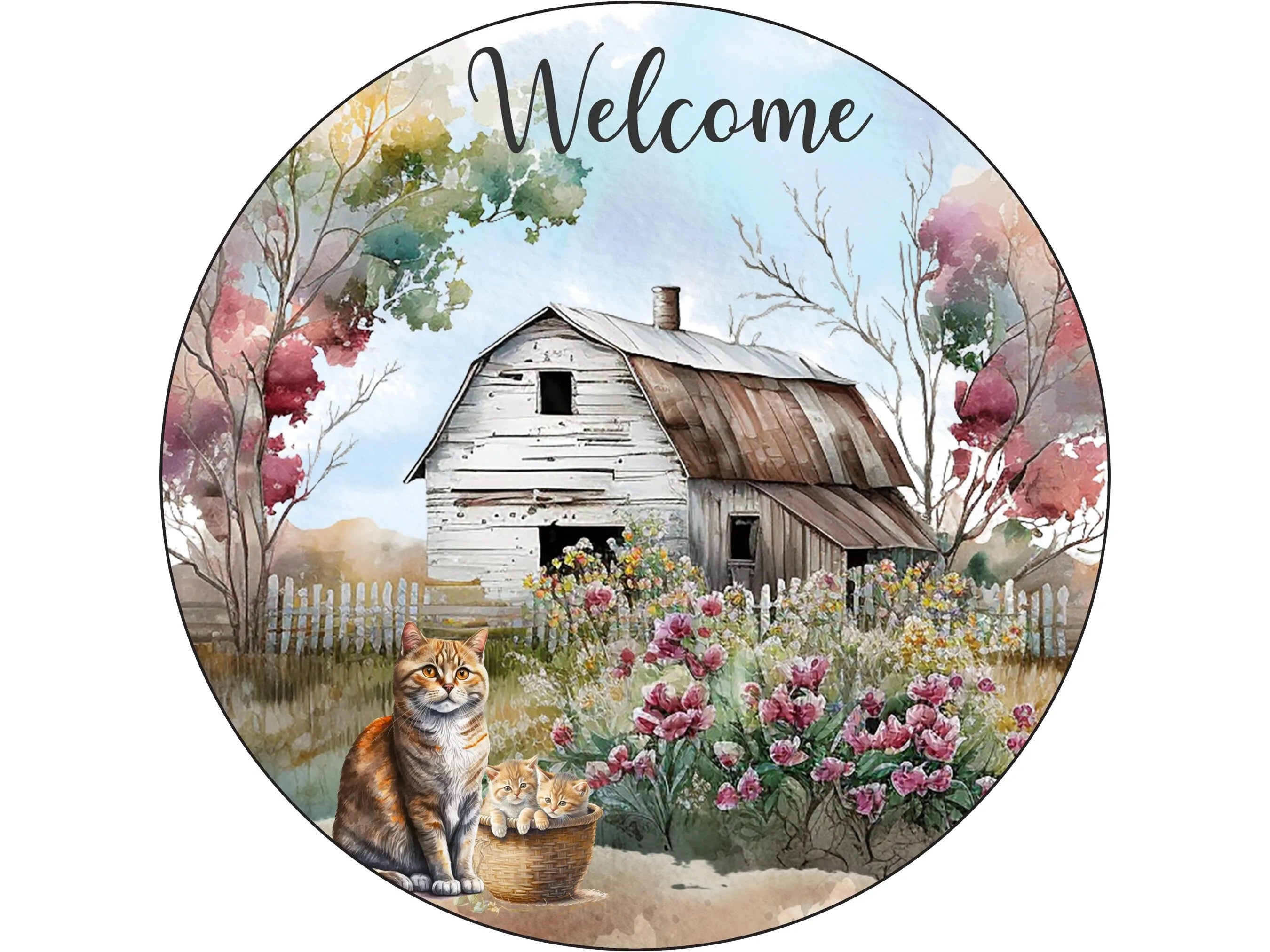 Welcome Farmhouse cat and barn floral Metal Sign, Rustic Home Decor, Country Decoration, Cat and Flowers, Vintage Farm Art