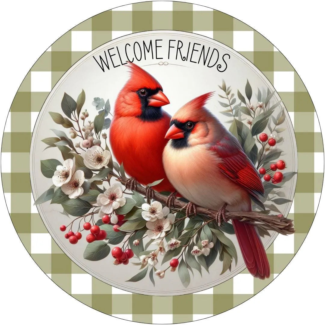 Welcome Friends Cardinal Sign, Rustic Bird Decor, Cardinal Couple Wall Art, Nature-Inspired Welcome Sign, Woodland Animal Home Decor