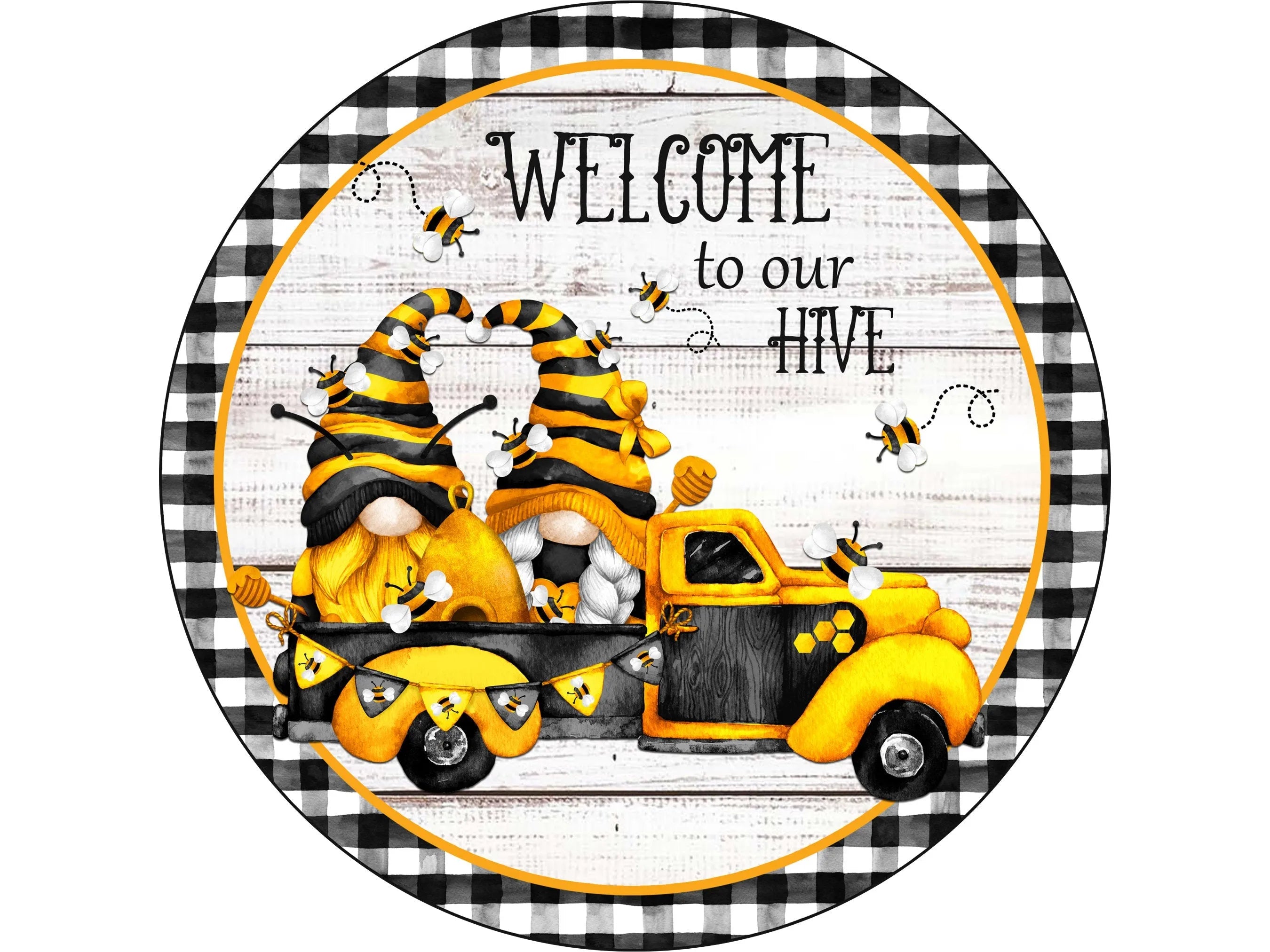 welcome gnome sunflower bee hive wreath sign, vintage truck decor, farmhouse gnome wreath sign