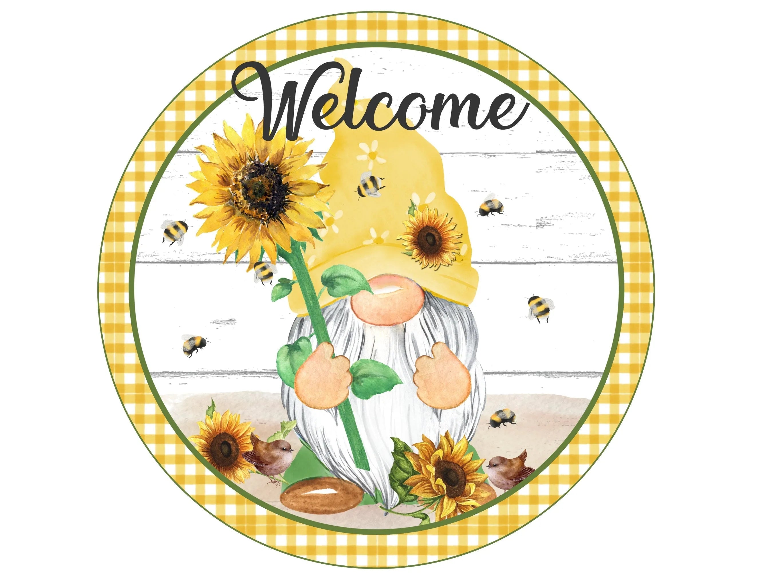 welcome gnome sunflower bee wreath sign, vintage truck decor, farmhouse gnome wreath sign