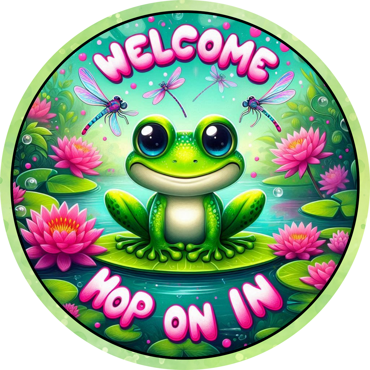 Welcome Hop On In Frog Sign – Round Sublimated Metal Decor with Cute F