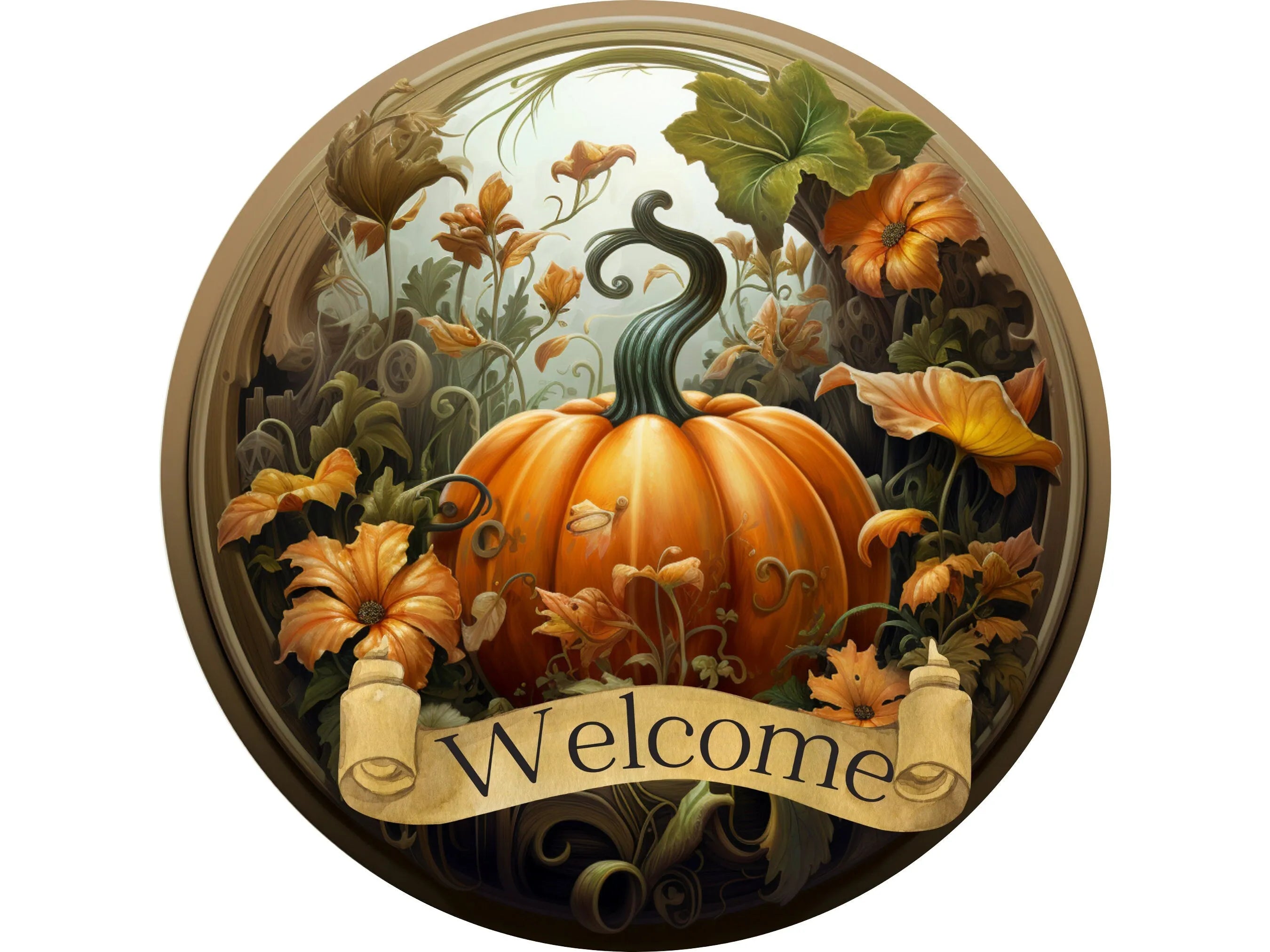 Welcome Sign with Pumpkin Patch Design, Green Border Fall Door Decor, Harvest Themed Autumn Wreath Accent, Rustic Farmhouse Entryway