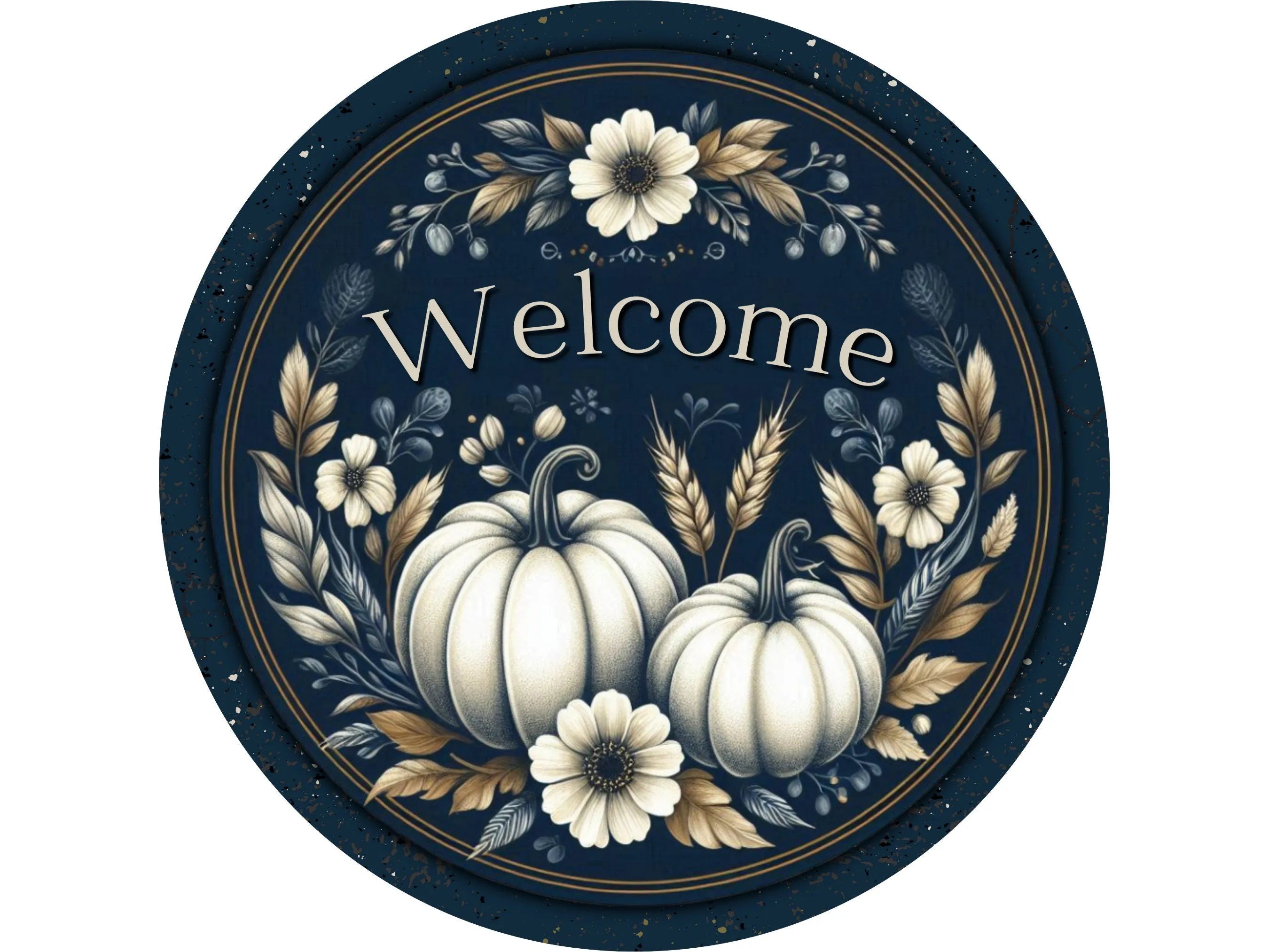 Welcome White Pumpkins Sign, Blue and Gold Fall Decor, Rustic Autumn Wreath, Thanksgiving Wall Art