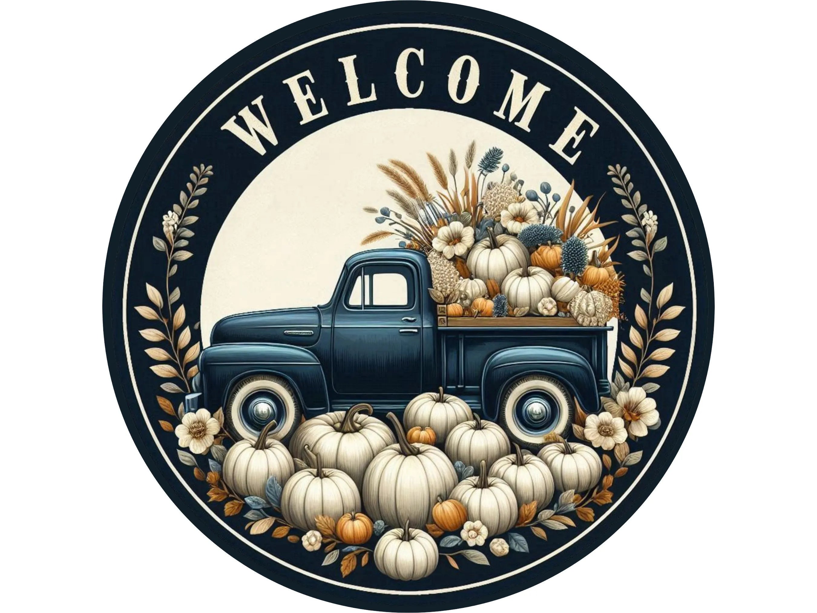 Welcome White Pumpkins Sign, Metal Fall Decor, Blue Antique Truck Autumn Wreath, Rustic Harvest Wall Art